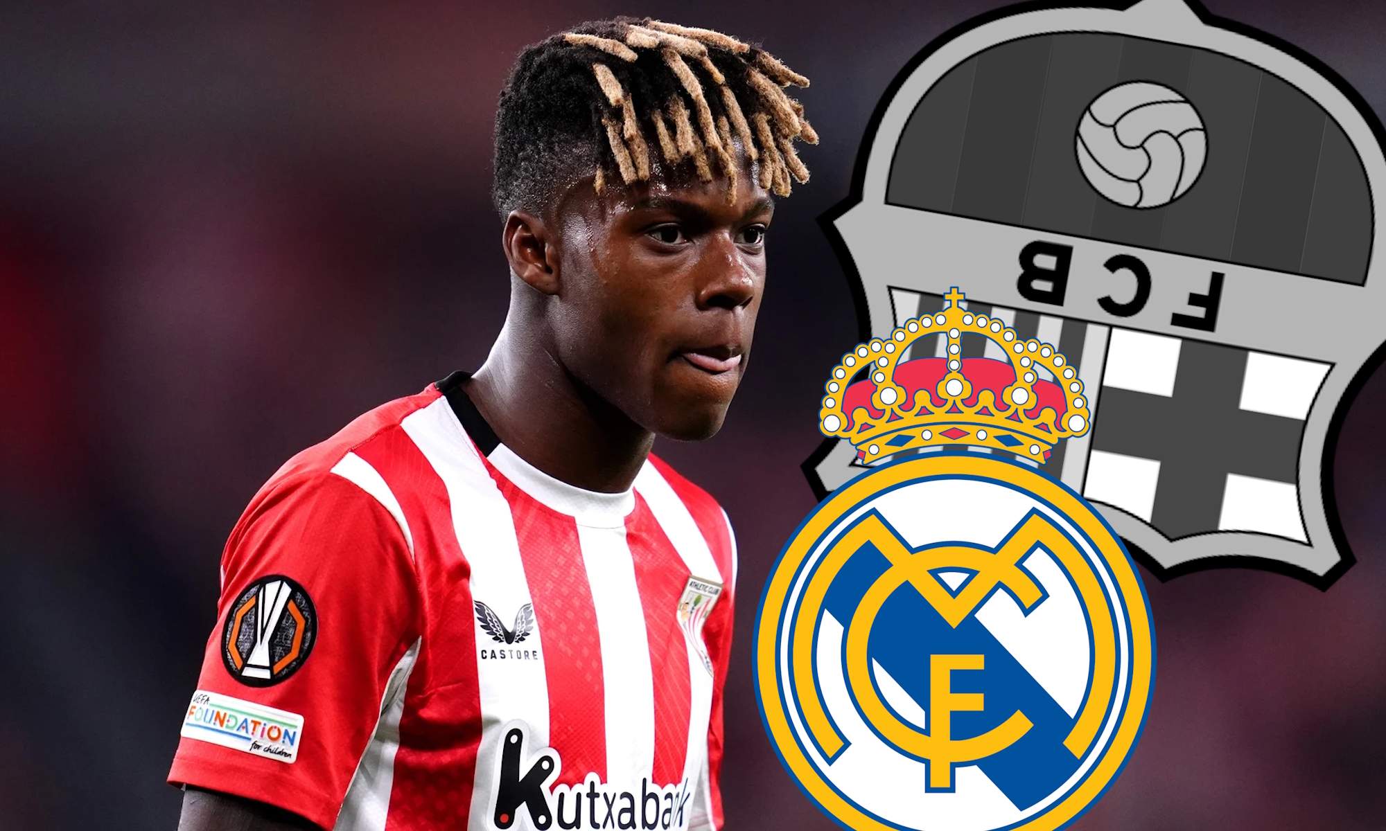 Nico Williams con escudo del Barça en BN y al revés y escudo del Real Madrid