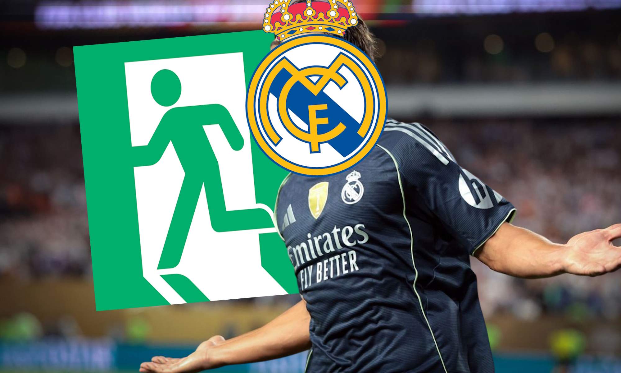 Jugador del Real Madrid tapado por escudo y símbolo salida