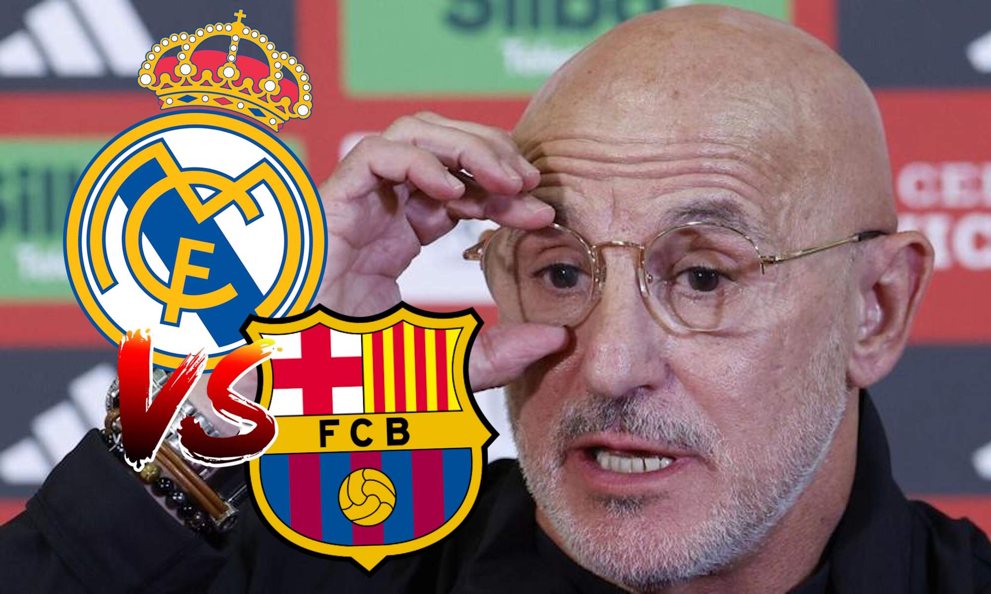 Luis de la Fuente y escudos Barça, Real Madrid