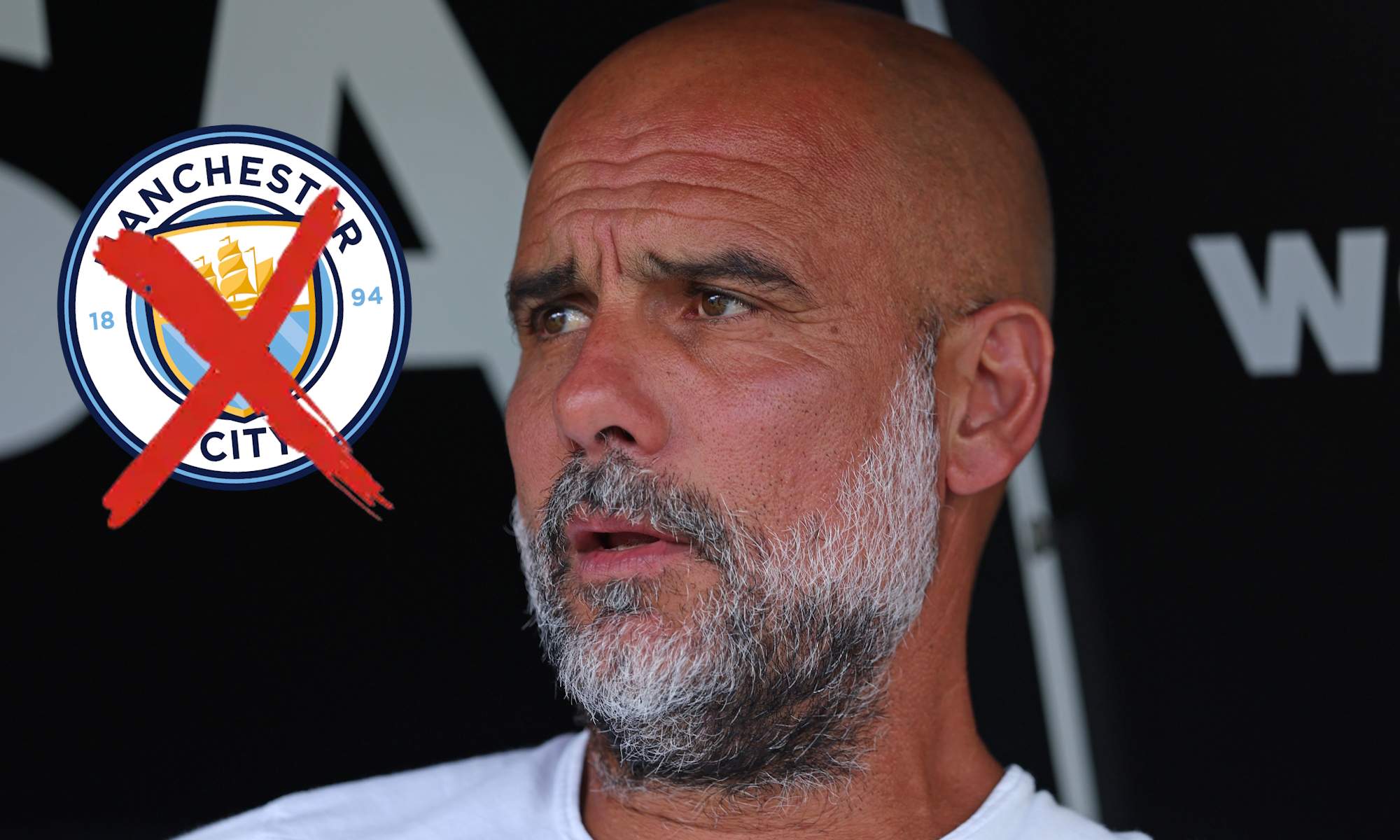 Guardiola serio y Man City logo tachado