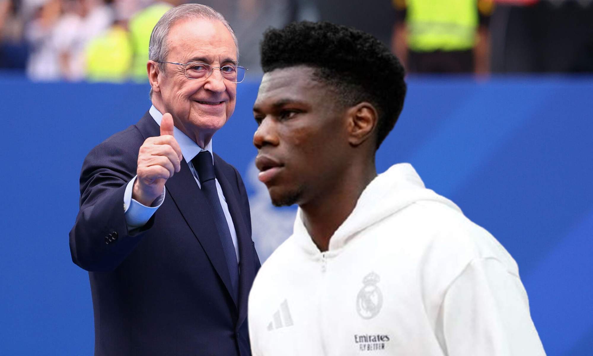 Aurélien Tchouaméni en un calentamiento del Real Madrid y una foto de Florentino Pérez.