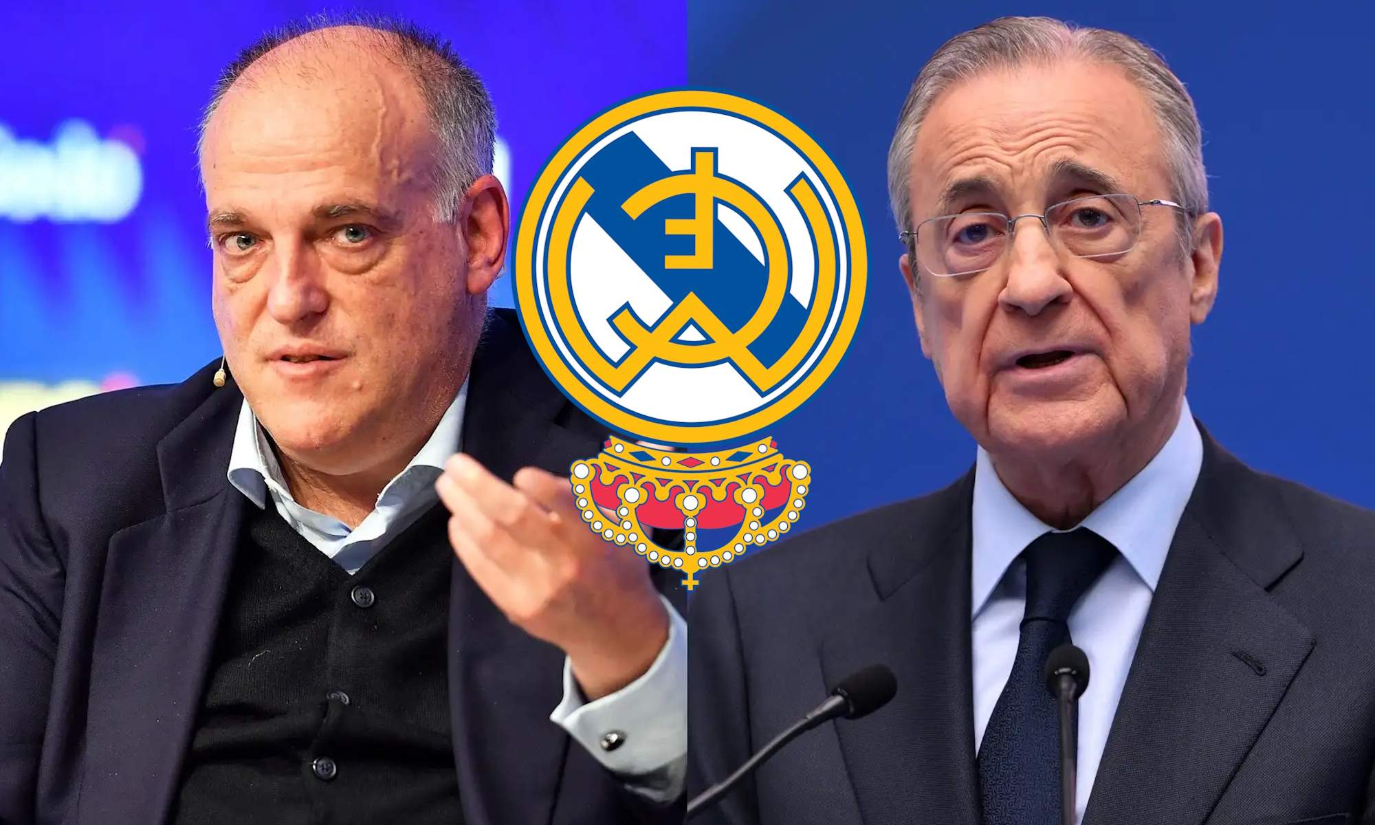 Javier Tebas y Florentino Pérez y escudo del Real Madrid al revés