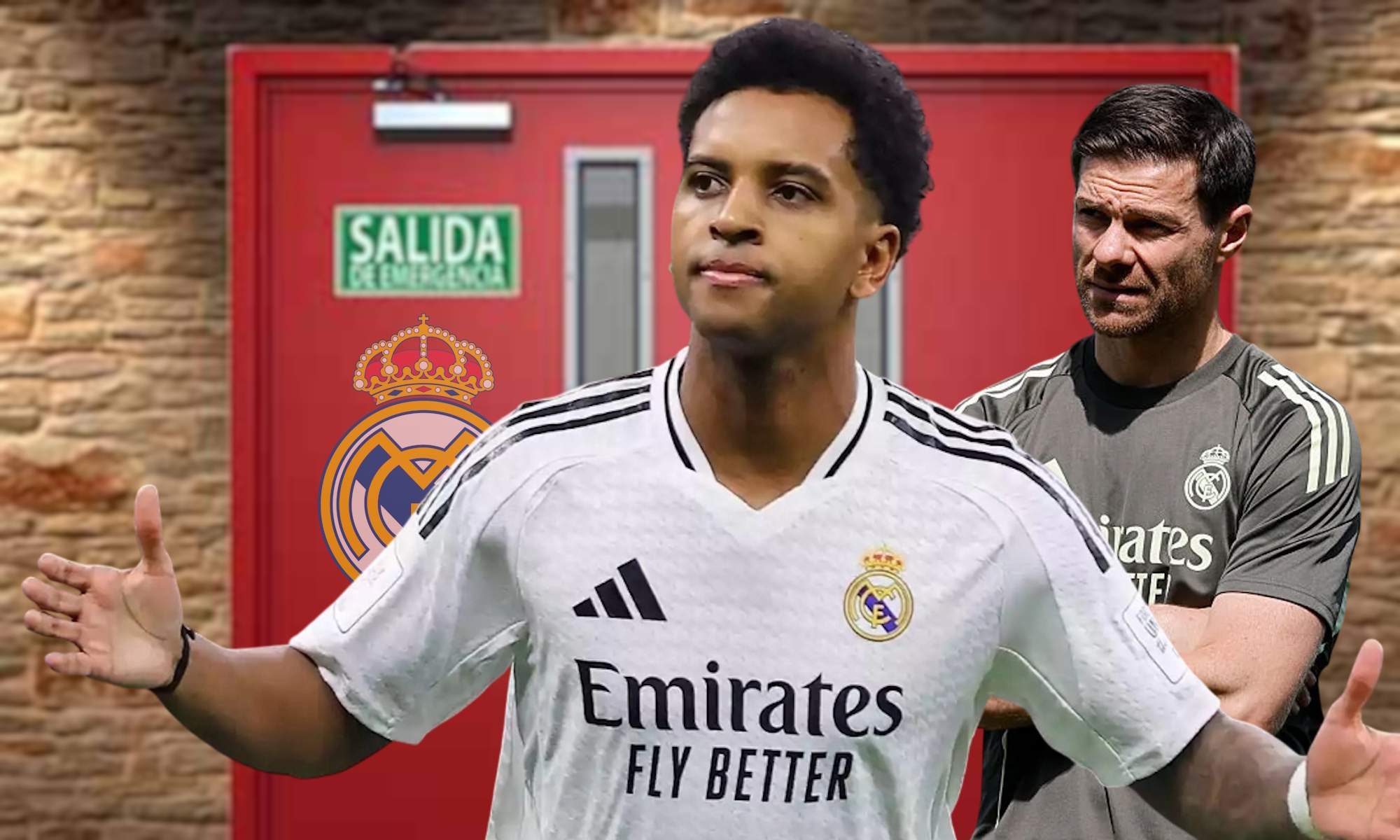 Rodrygo Goes, Xabi Alonso y puerta de salida con logo Real Madrid Rodrygo Goes, Xabi Alonso y puerta de salida con logo Real Madrid