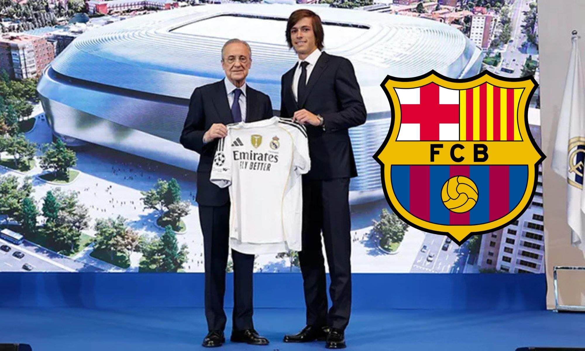 Florentino Pérez y Carreras con el escudo del Barça
