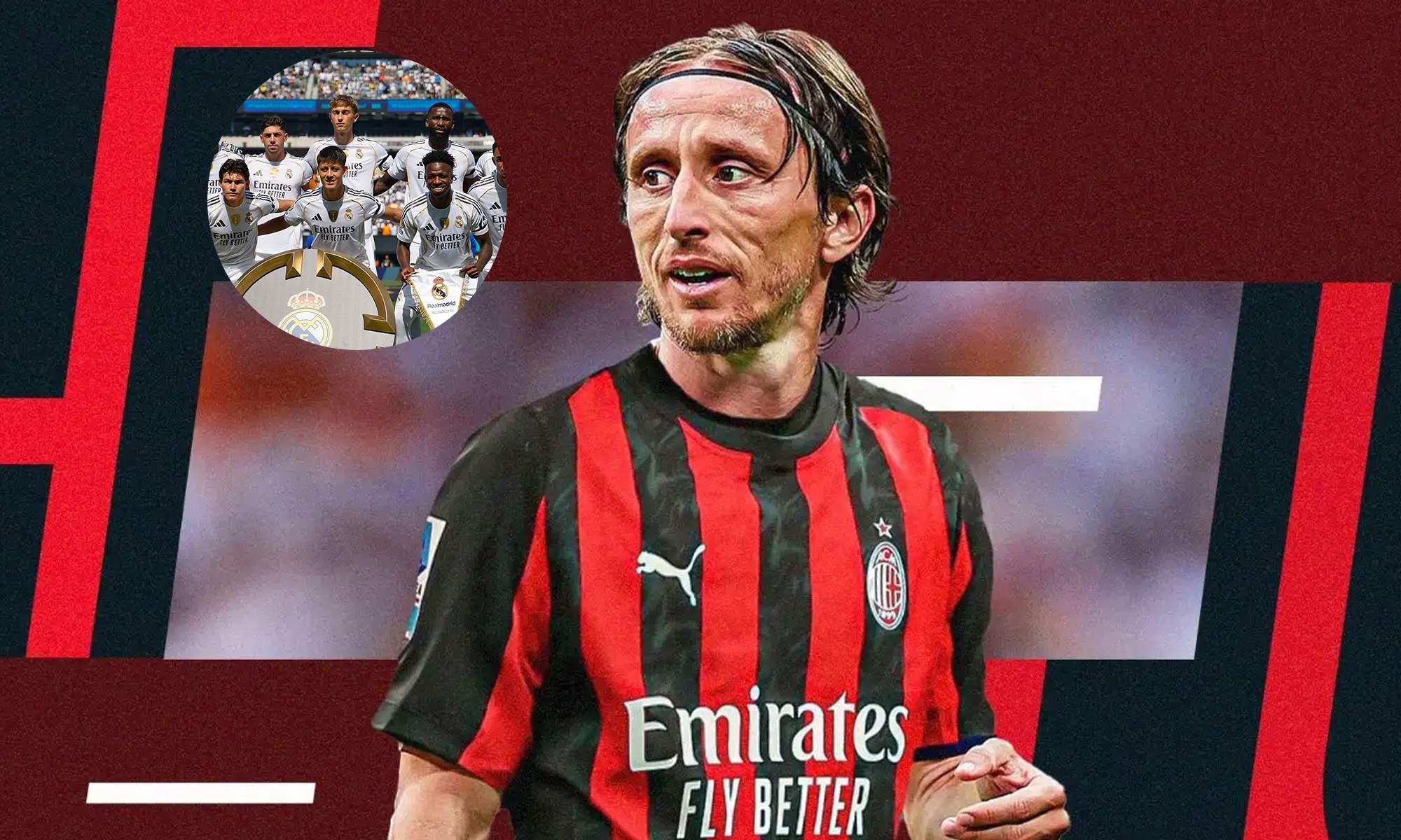 Luka Modric y una foto de jugadores del Real Madrid.