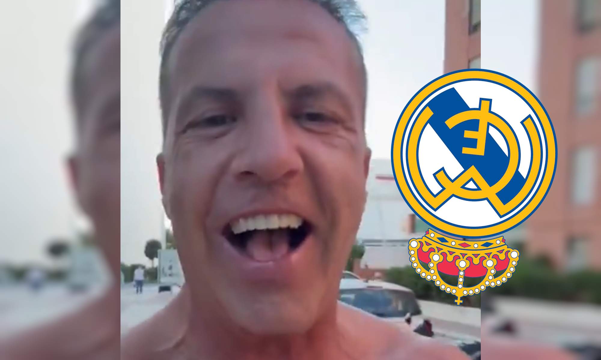 Cristóbal Soria riendo y escudo del Real Madrid al revés
