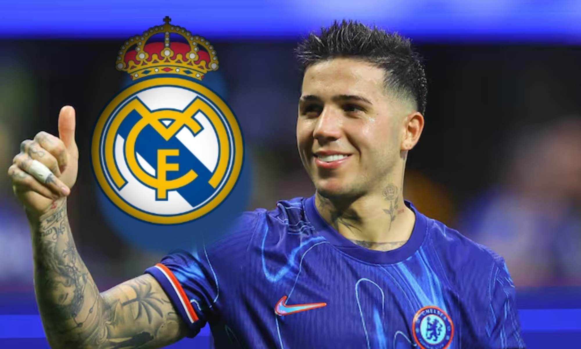 Enzo Fernández y escudo del Real Madrid