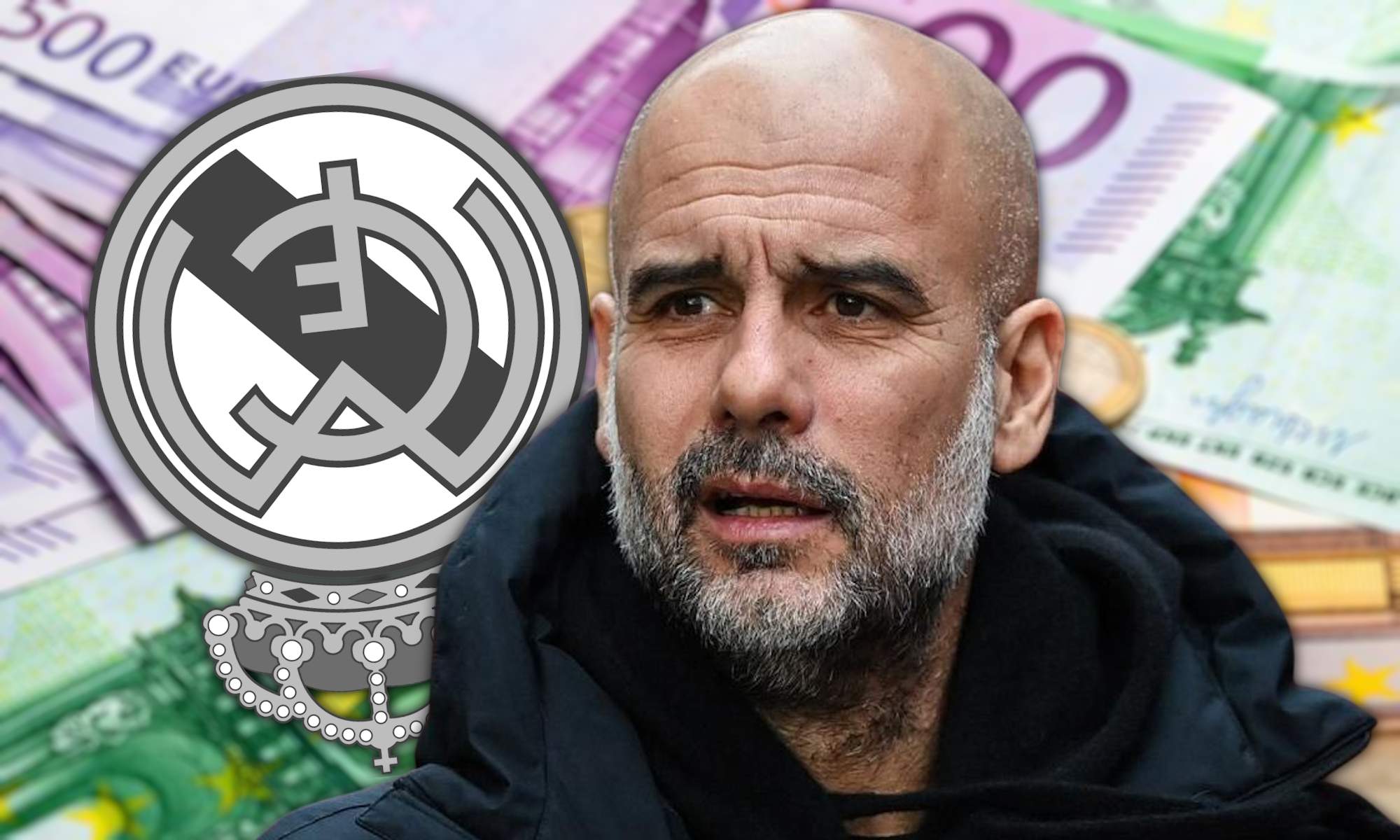 Guardiola con escudo del Real Madrid en BN y dinero de fondo