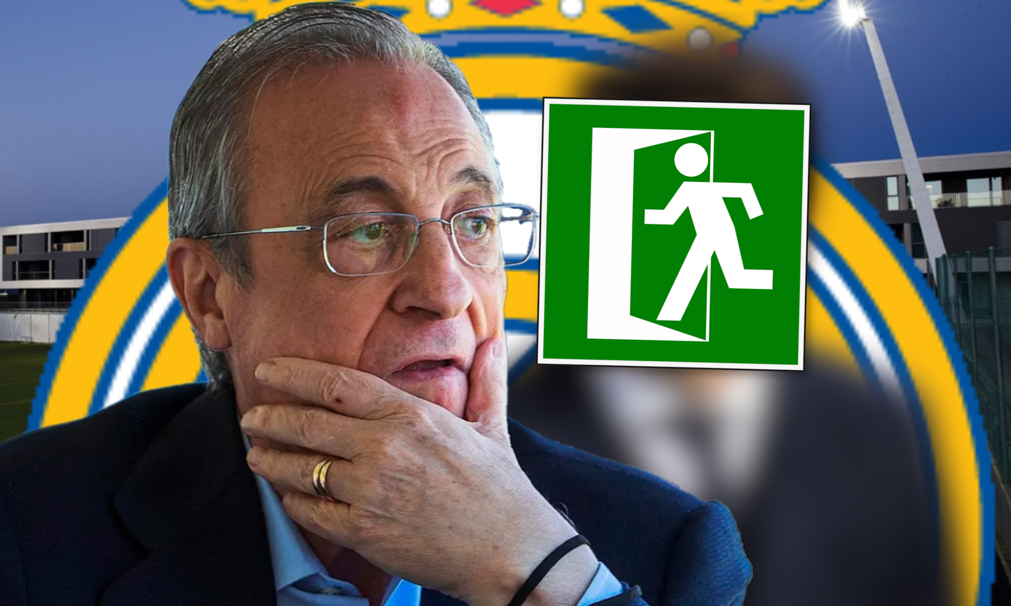 Florentino Pérez con simbolo de salida y escudo Real Madrid