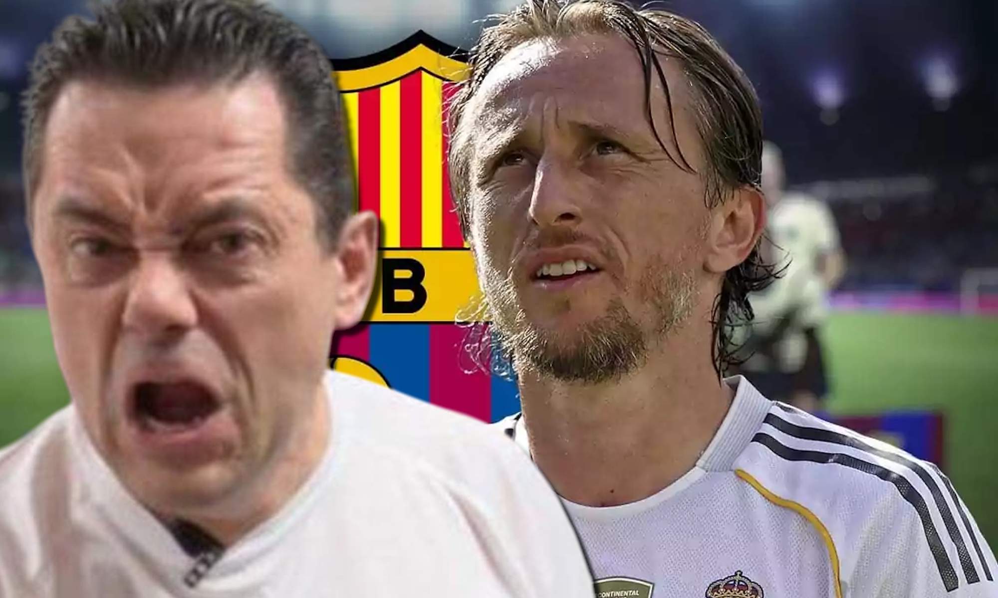 Roncero enfadado, Modric serio y escudo del Barça