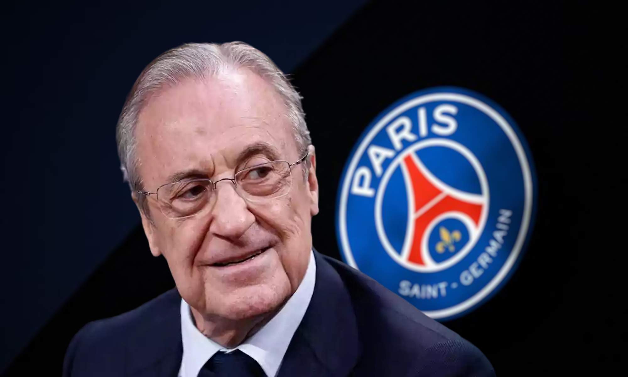 Florentino Pérez con escudo PSG de fondo