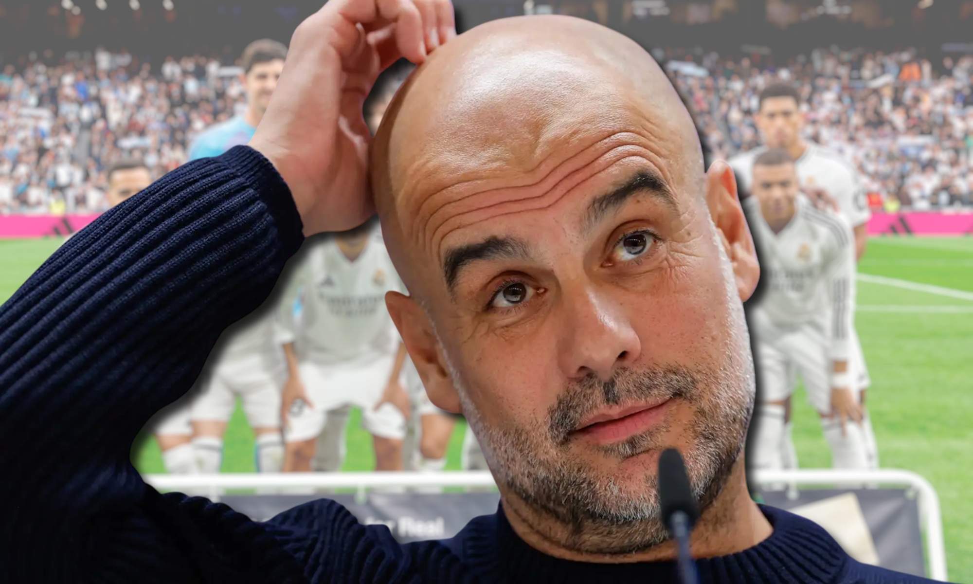 Guardiola y once del Real Madrid de fondo