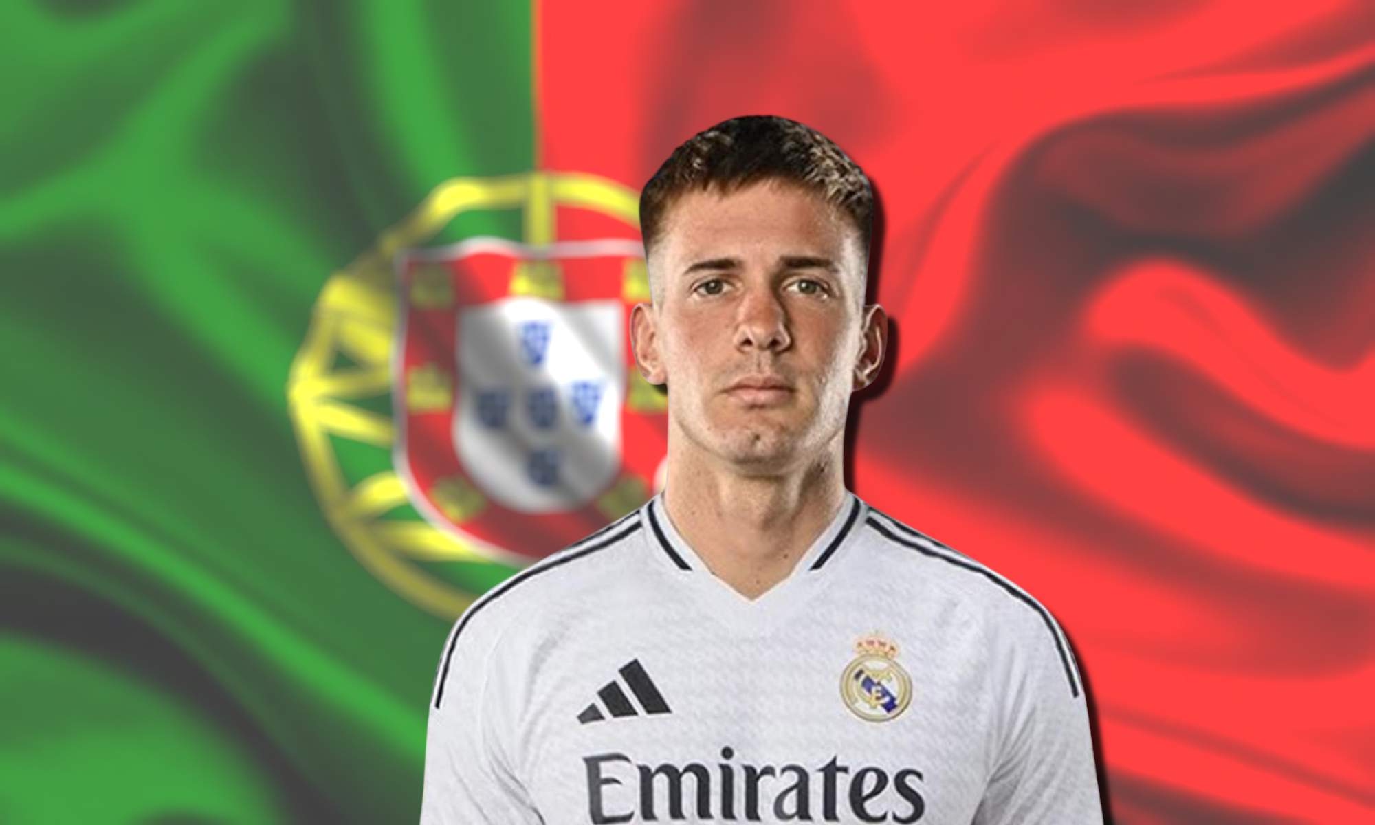 Franco Mastantuono del Real Madrid y bandera de Portugal de fondo Franco Mastantuono del Real Madrid y bandera de Portugal de fondo