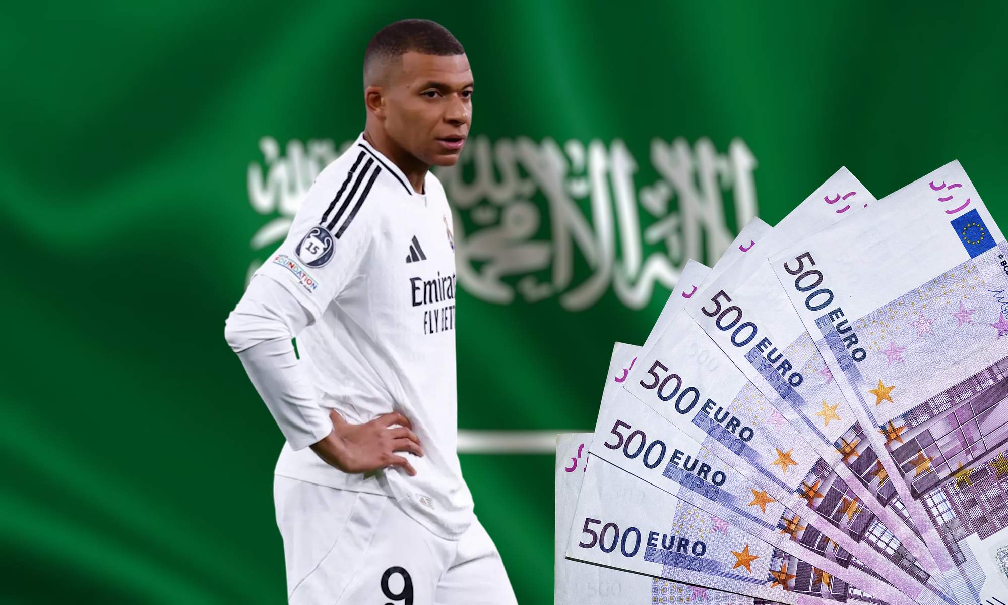 Mbappé con bandera Arabia y dinero
