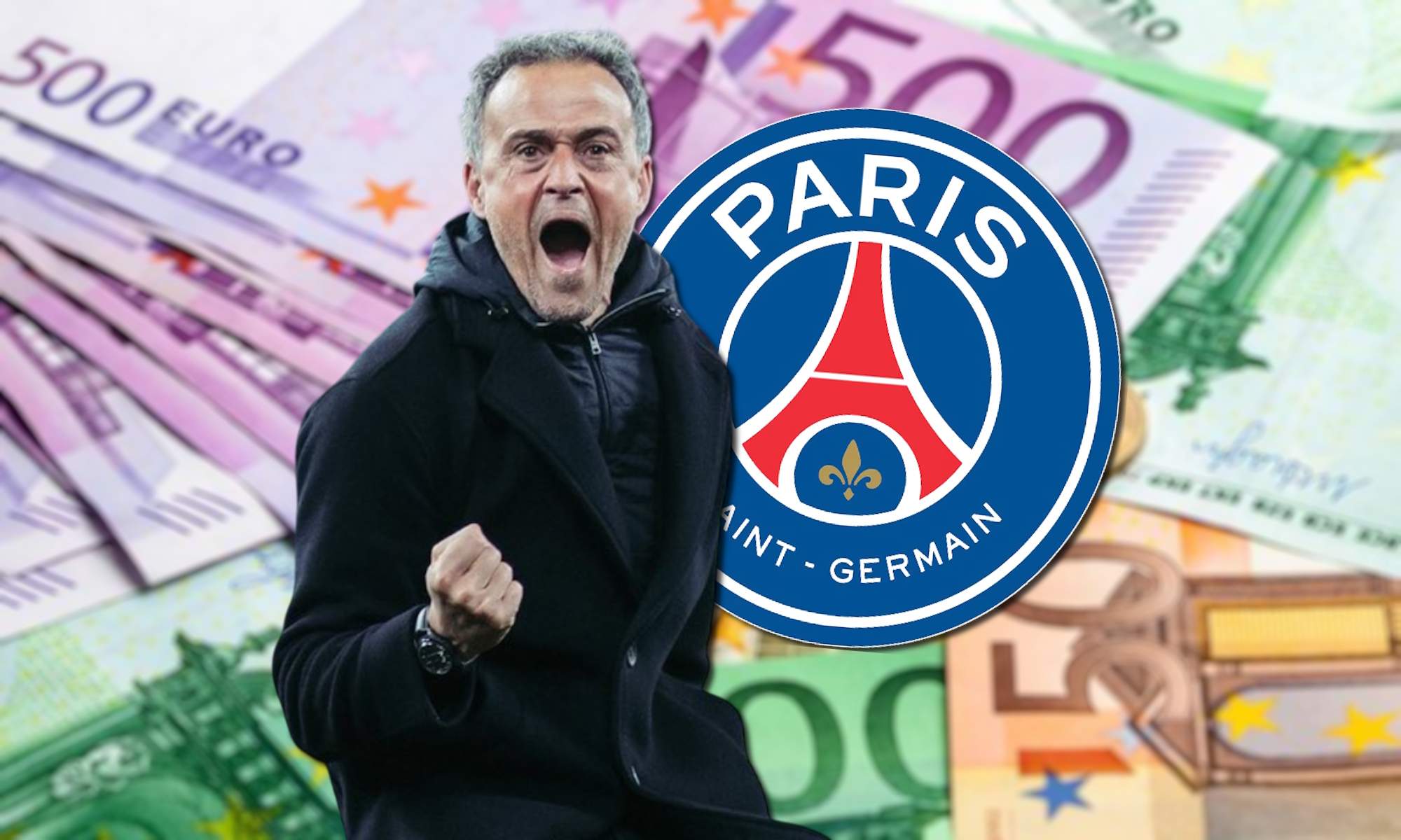 Luis Enrique celebrando con escudo del PSG y fondo dinero