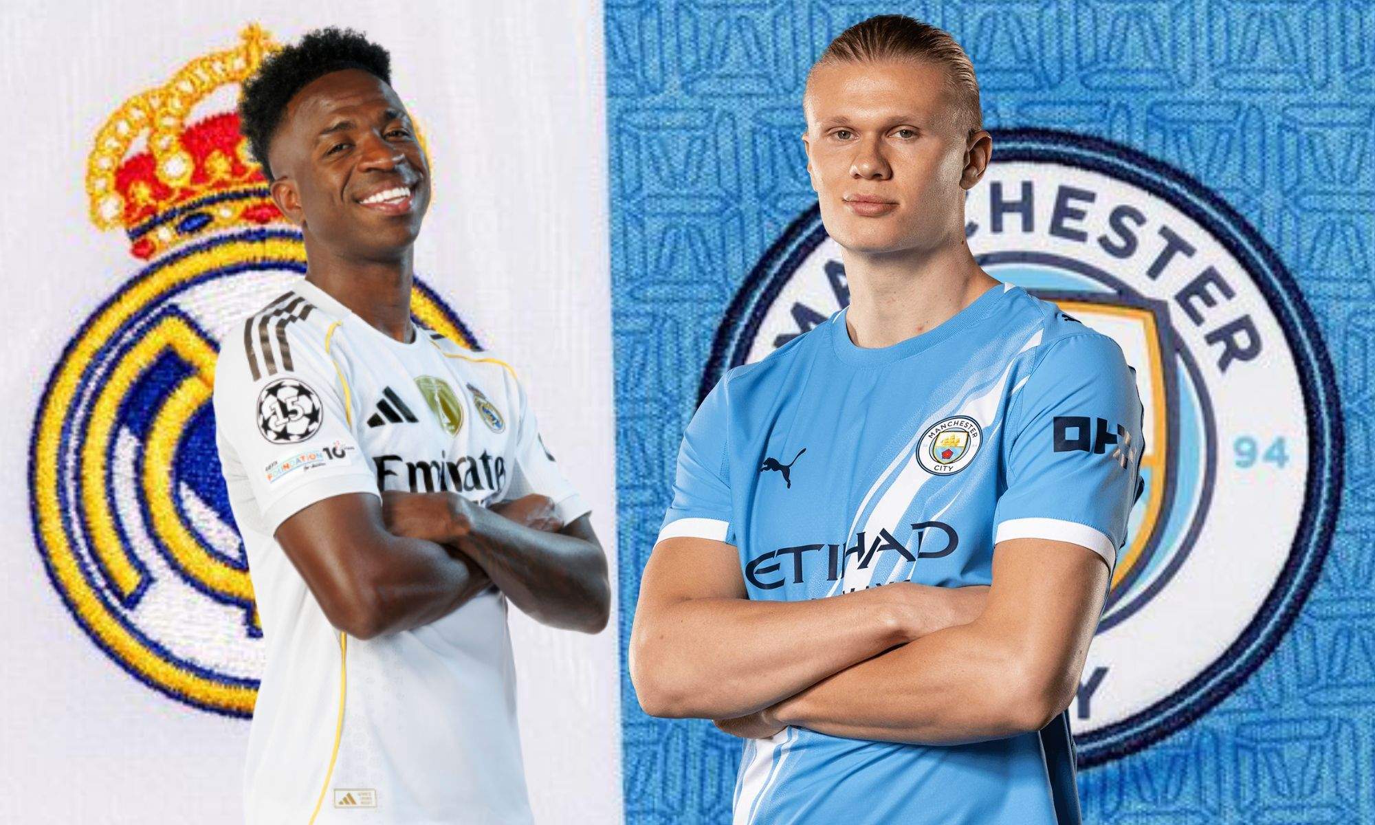 Vinicius y Haaland sobre escudos de Real Madrid y Manchester City
