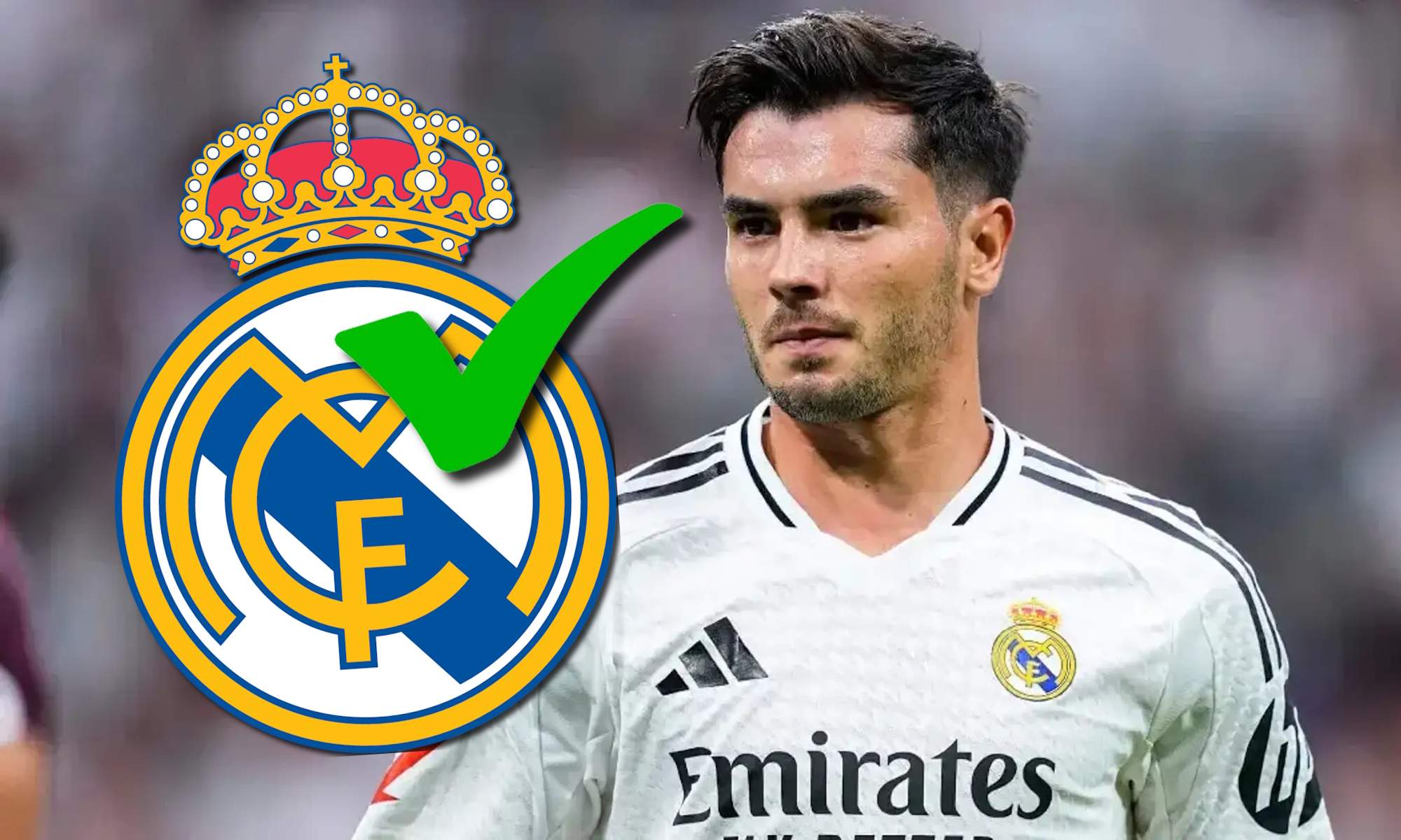 Brahim Díaz y escudo del Real Madrid con tik verde