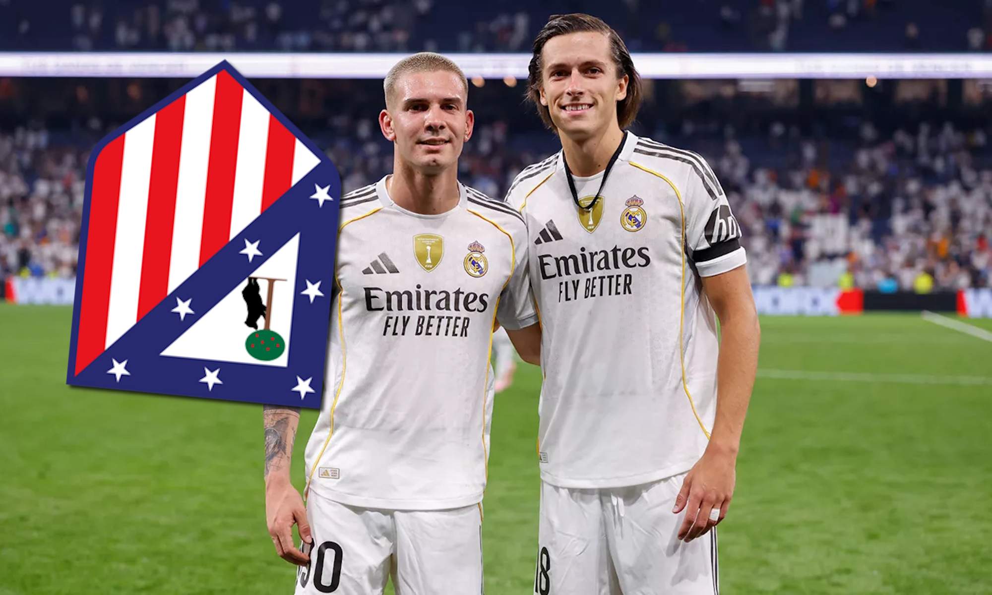 Álvaro Carreras y Franco Mastnatuono con el Real Madrid y escudo del Atlético de Madrid al revés