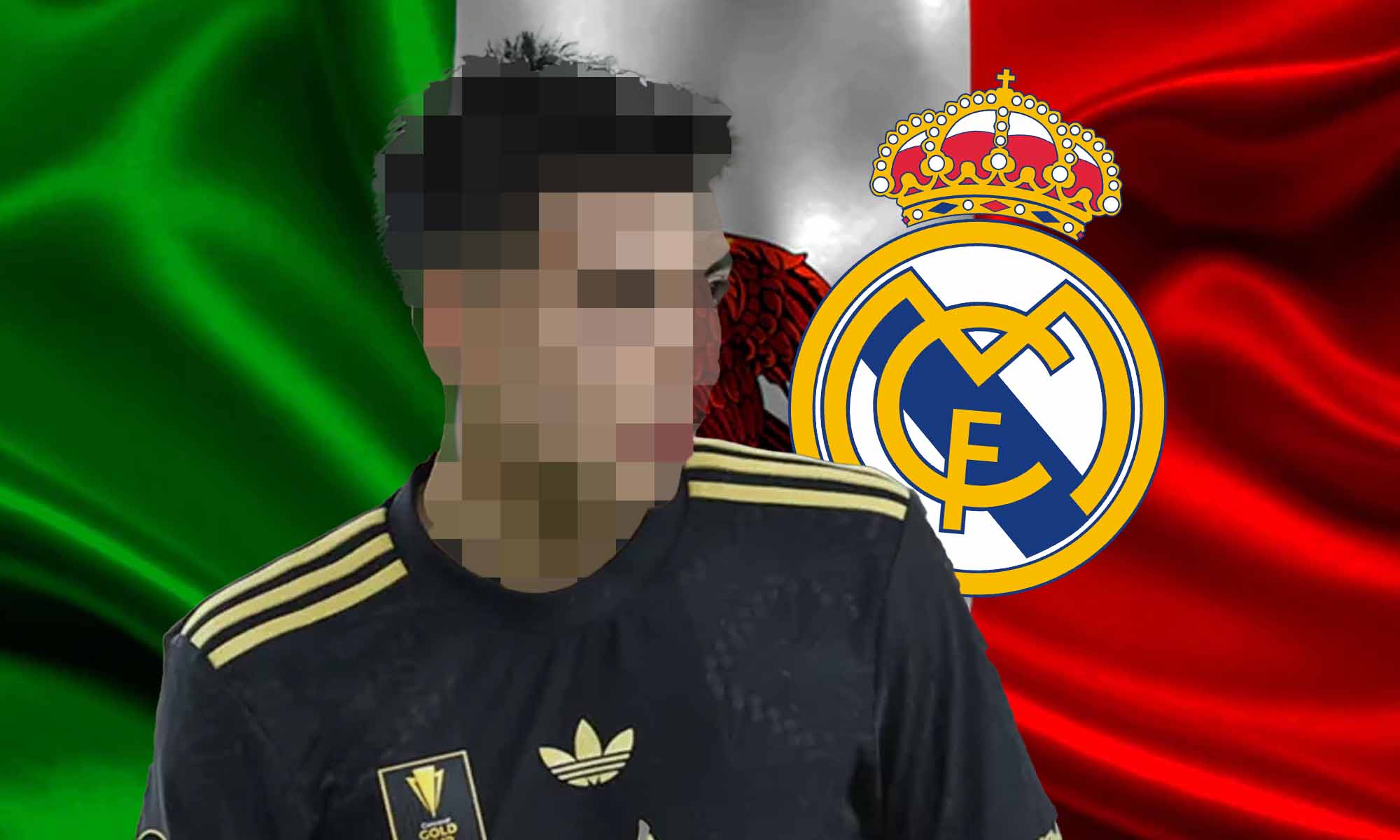 Jugador mexicano de incógnito con bandera y escudo Real Madrid Jugador mexicano de incógnito con bandera y escudo Real Madrid