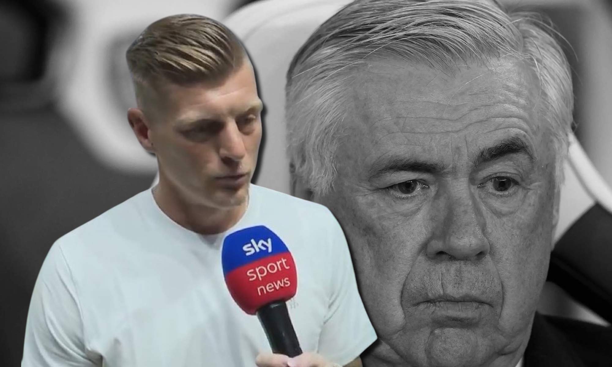 Toni Kroos y Carlo Ancelotti en BN de fondo