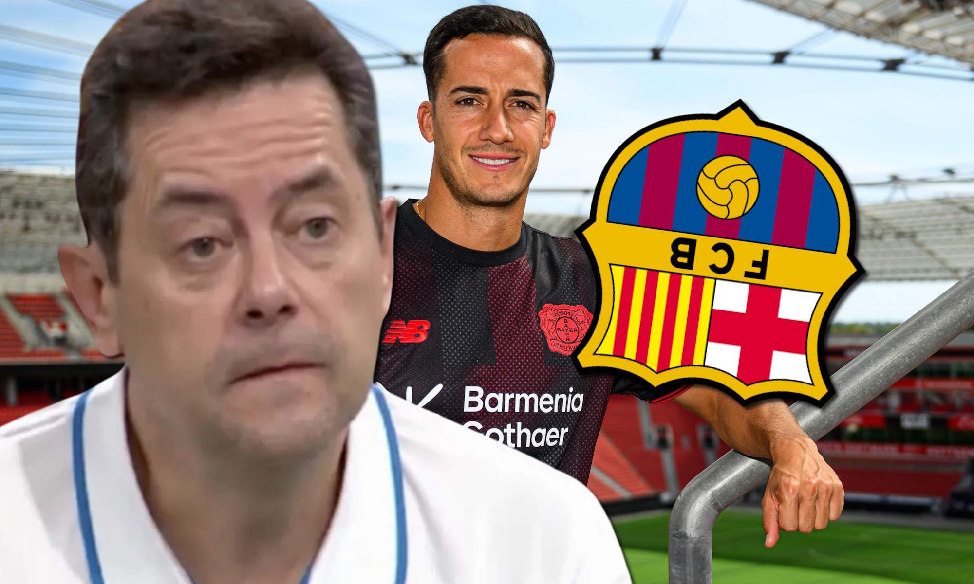 Roncero, Lucas con el Bayer y escudo Barça al revés