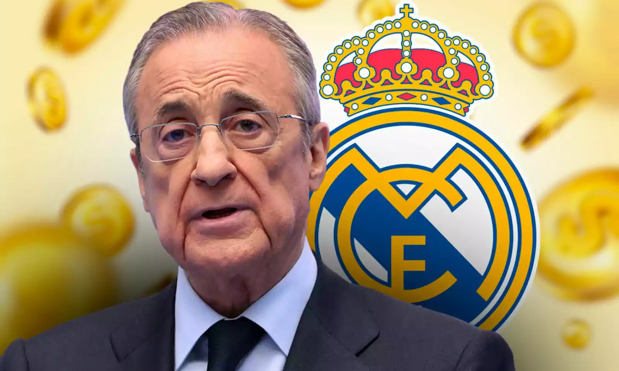 Florentino Pérez y escudo del Real Madrid Florentino Pérez y escudo del Real Madrid