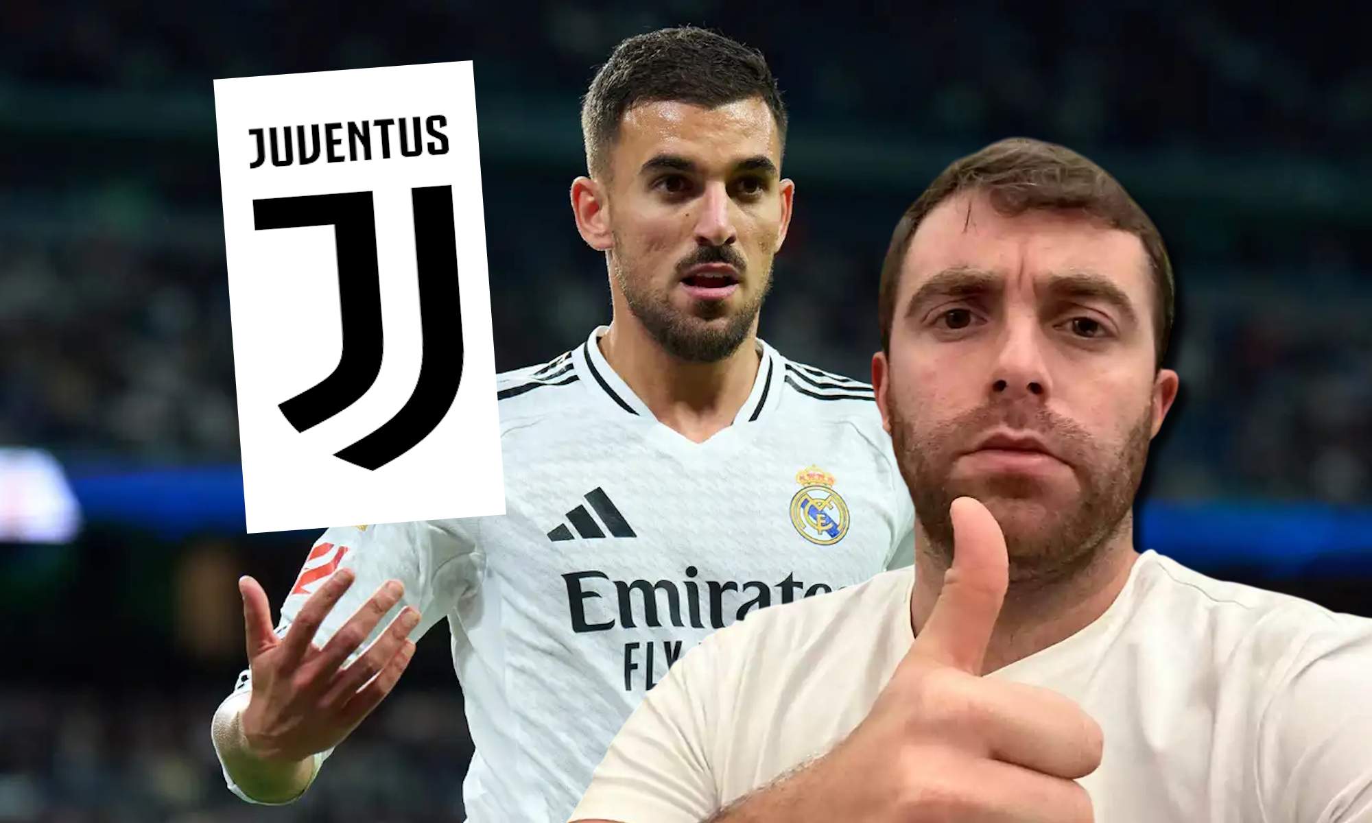 Dani Ceballos, escudo de la Juventus y Fabrizio Romano levantando el pulgar