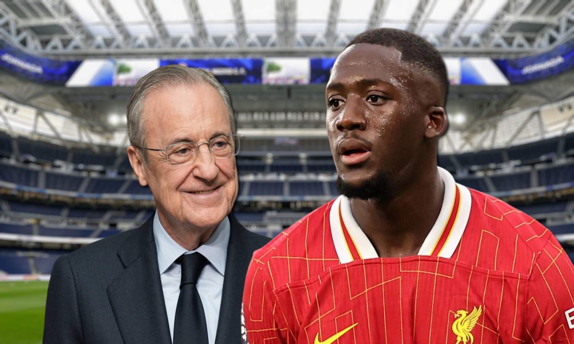 Florentino Pérez contento y Konaté con fondo del Bernabéu