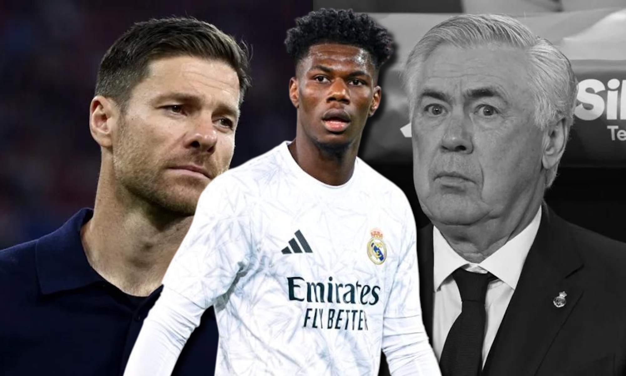 Tchouaméni con Xabi Alonso y Ancelotti en BN de fondo