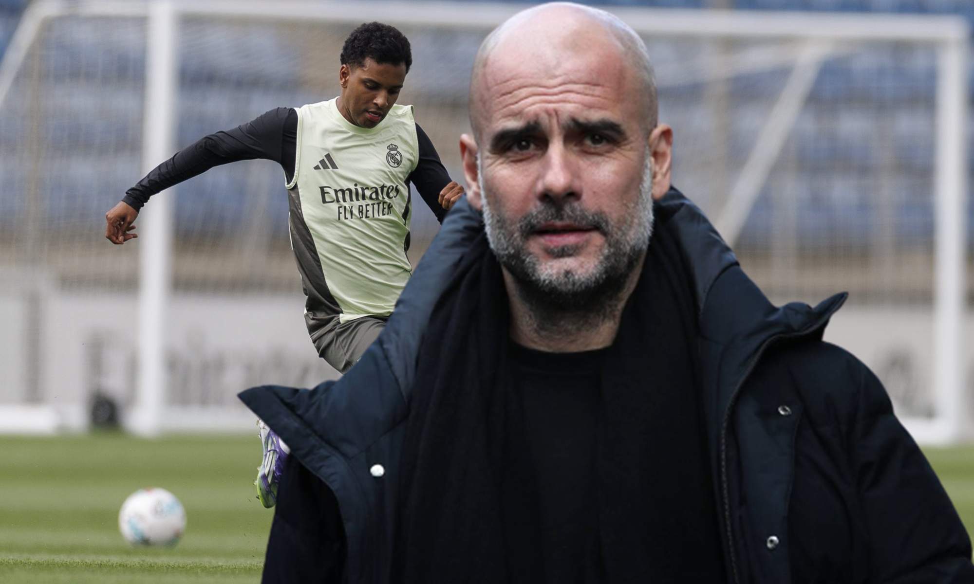 Pep Guardiola y una foto de Rodrygo Goes entrenando con el Real Madrid. 