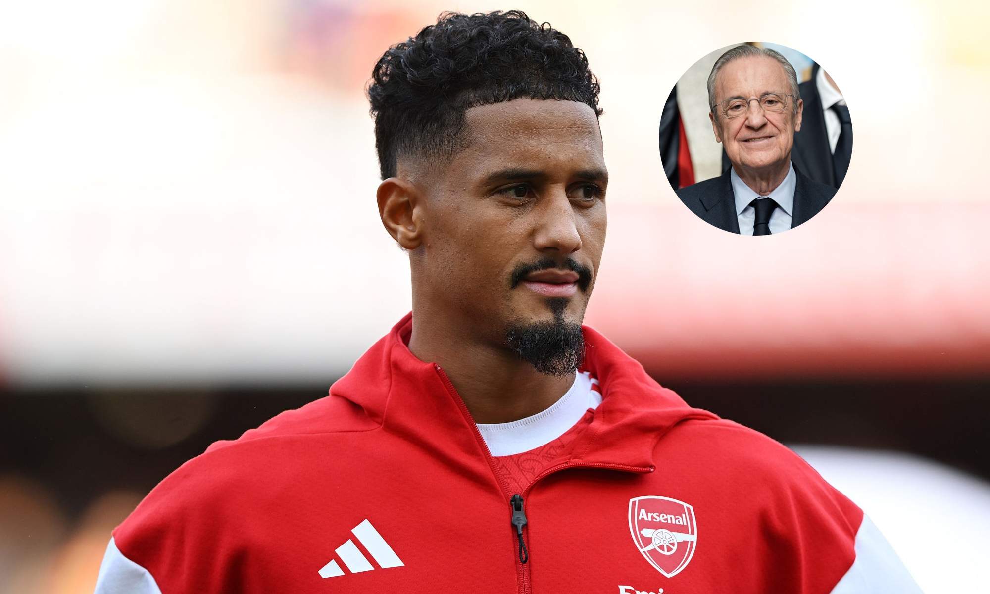 William Saliba con el Arsenal y una foto de Florentino Pérez.