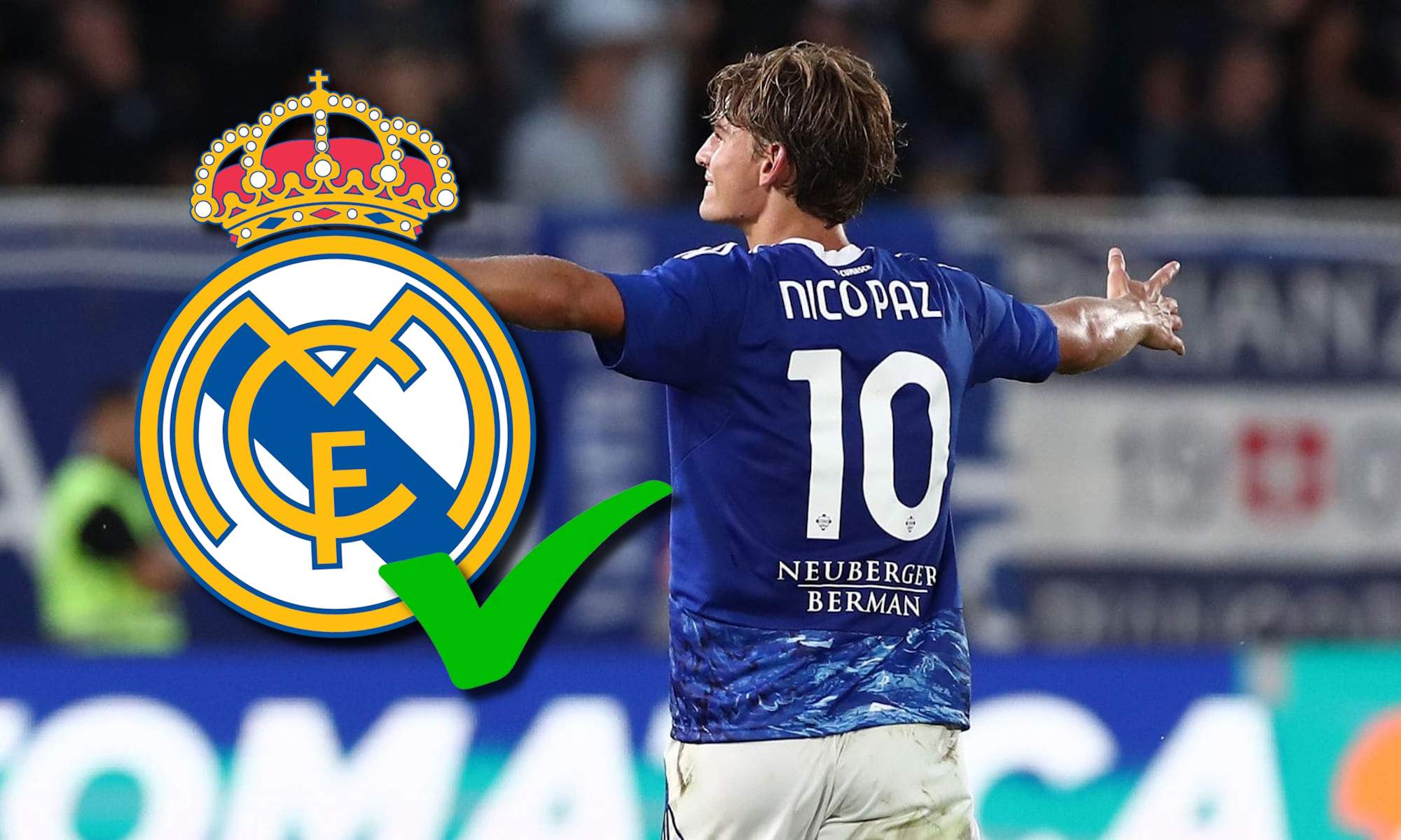 Nico Paz, con escudo del Real Madrid y tick verde