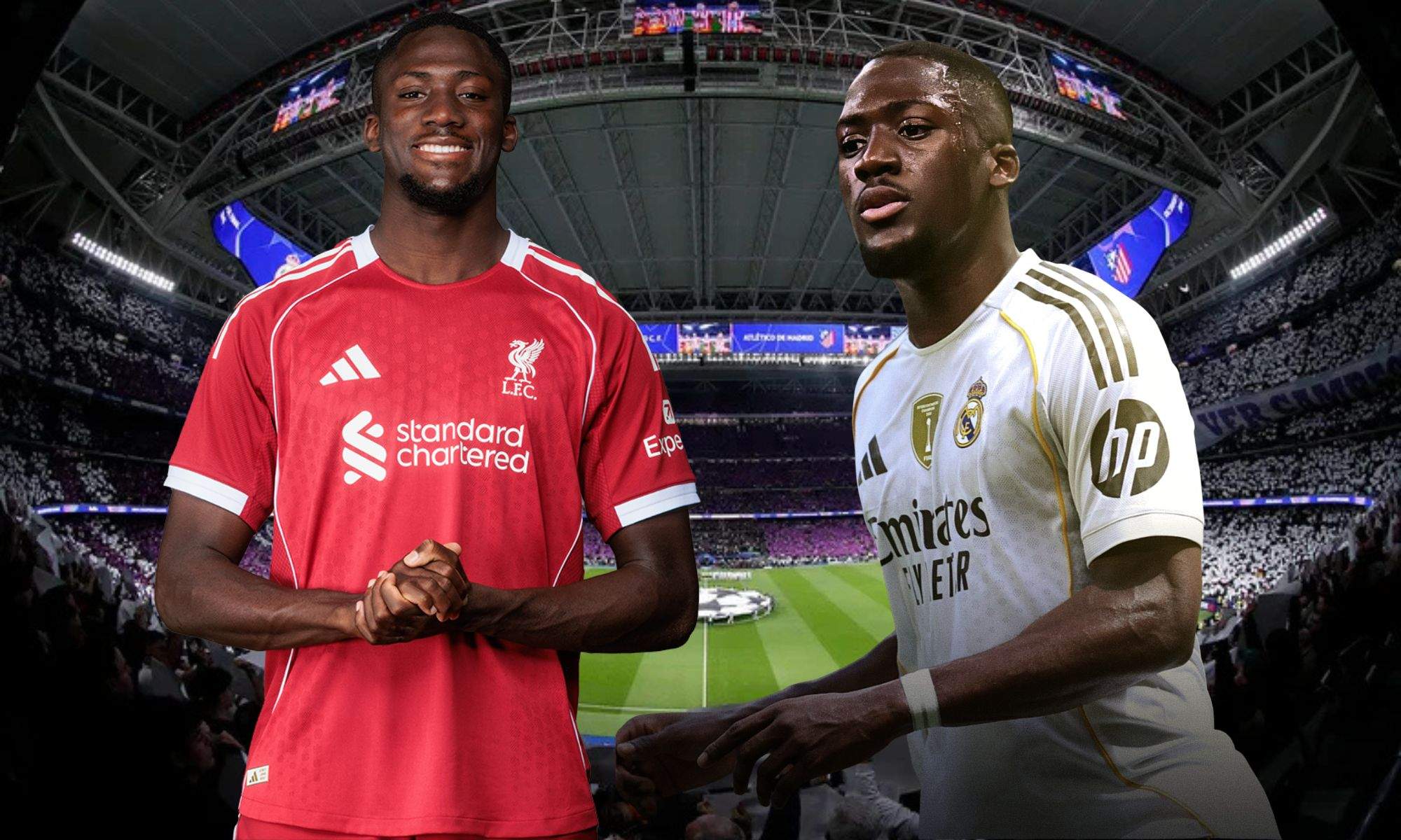Konaté con el Liverpool y vestido del Real Madrid