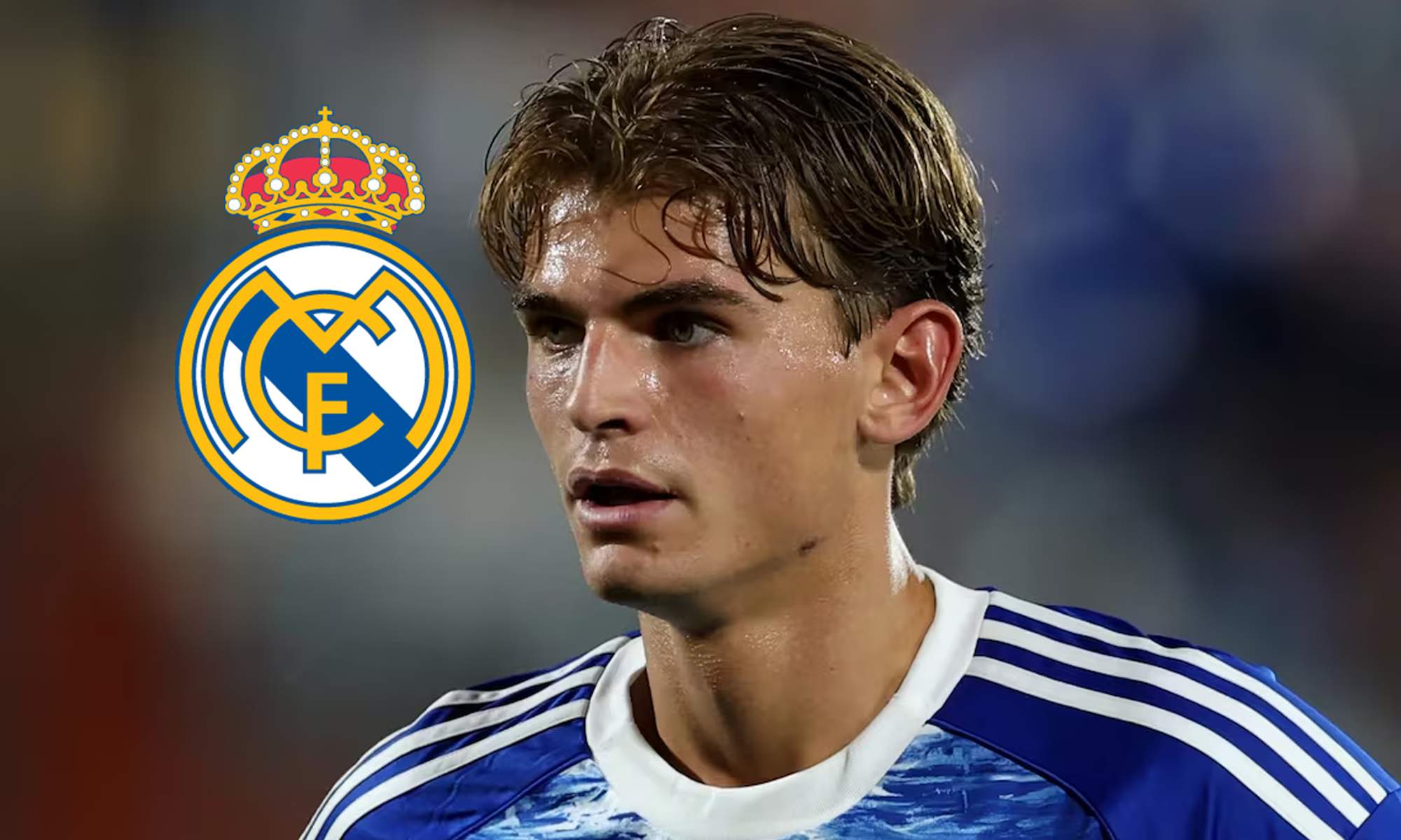 Nico Paz y un escudo del Real Madrid. Nico Paz y un escudo del Real Madrid.