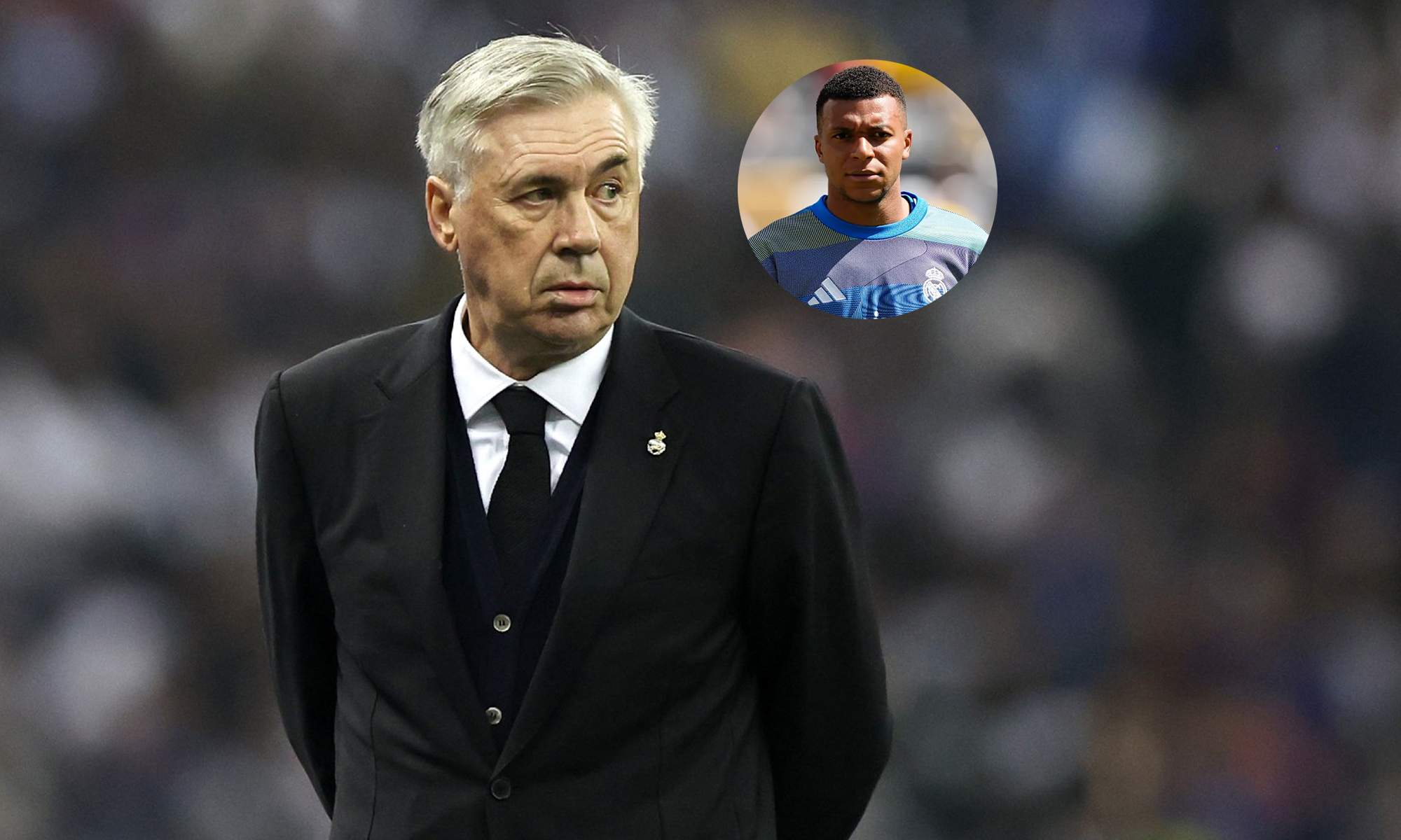 Carlo Ancelotti y una foto de Kylian Mbappé. Carlo Ancelotti y una foto de Kylian Mbappé.