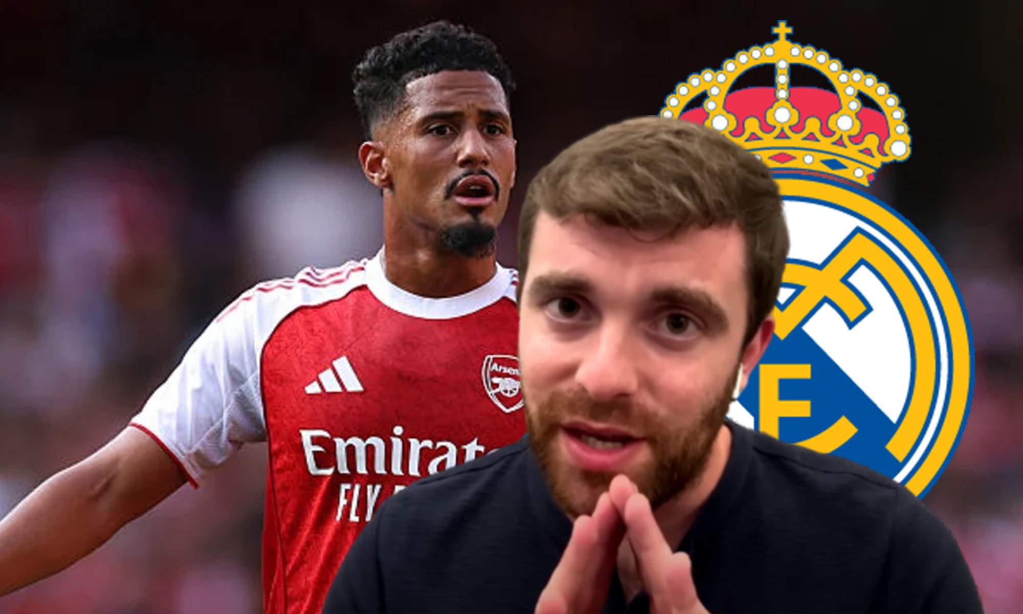 Fabrizio Romano, William Saliba y un escudo del Real Madrid.