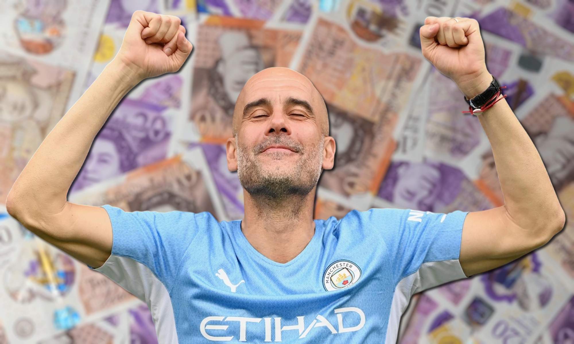 Guardiola del City celebrando con fondo de dinero inglés
