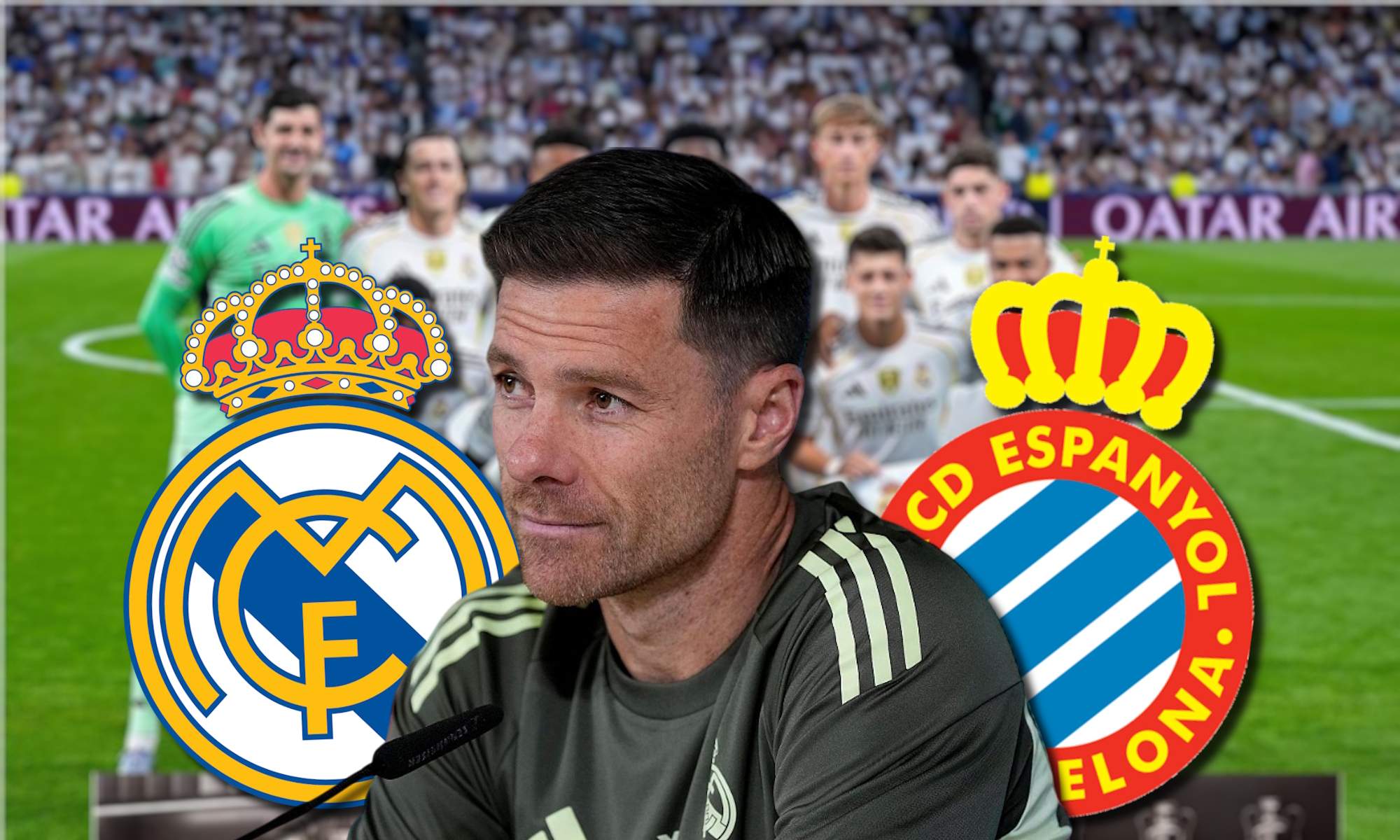 Xabi Alonso con escudos de los equipos y once de fondo