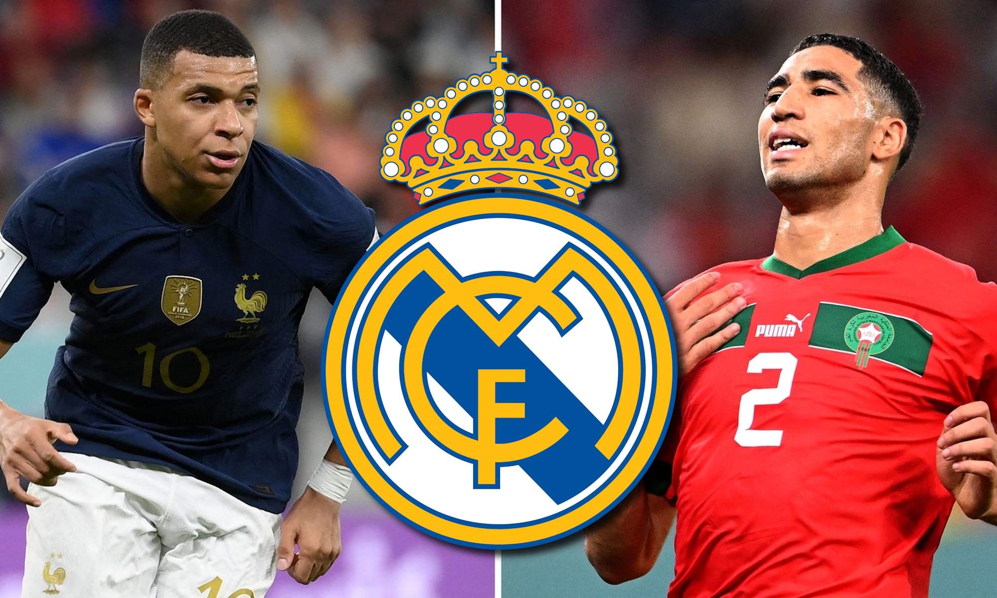 Mbappçe y Achraf y escudo del Real Madrid