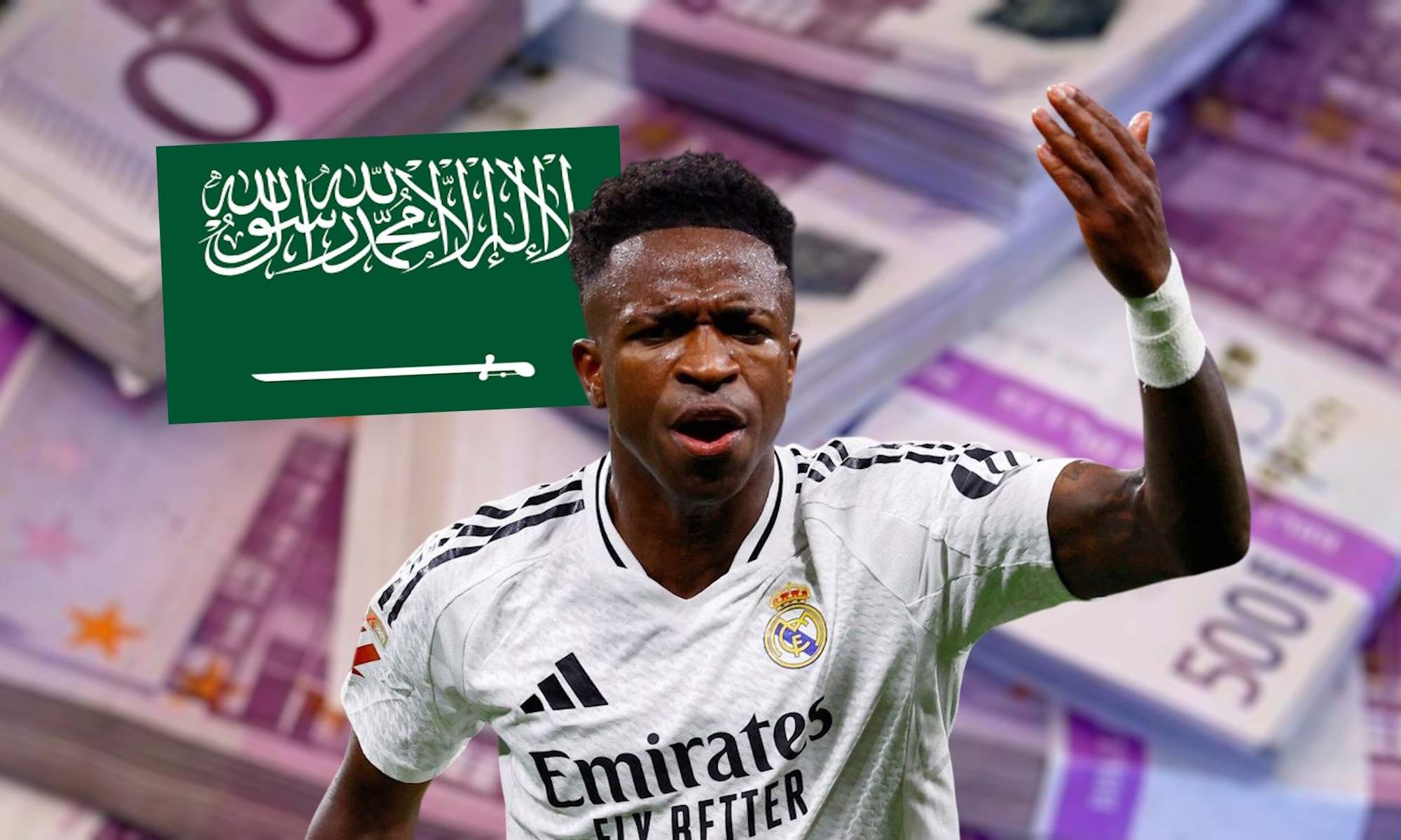 Vinicius, bandera Arabia y dinero de fondo
