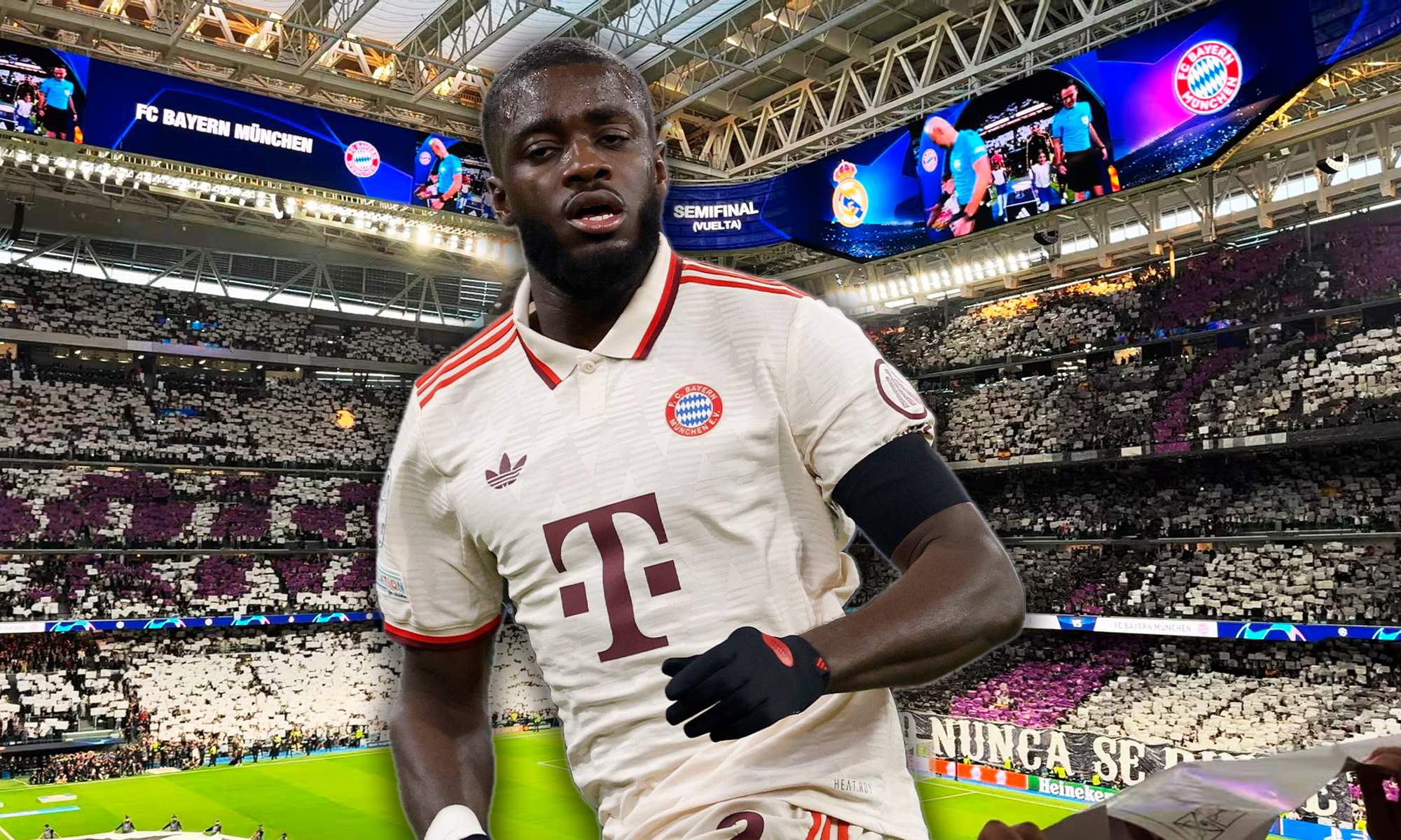 Upamecano y fondo del Bernabéu