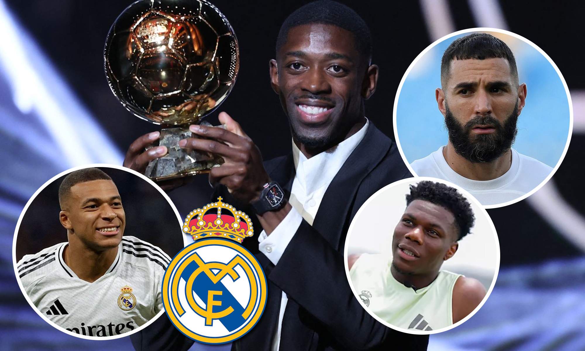 Dembélé con el Balón de Oro, escudo del Real Madrid y Mbappé, Tchouaméni y Benzema en círculos