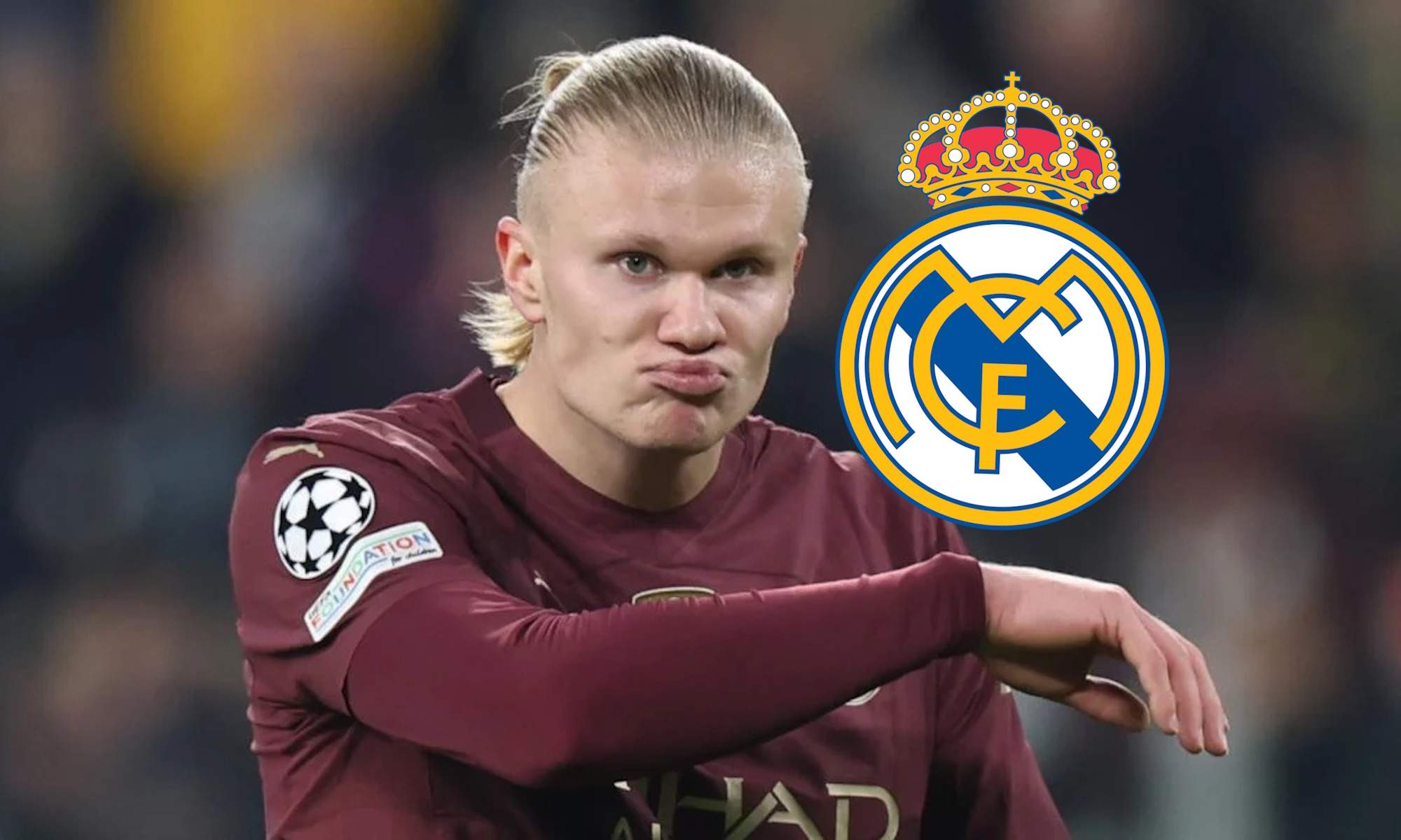 Haaland y escudo del Real Madrid