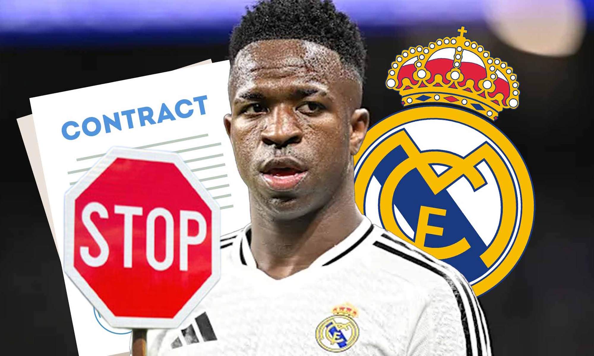 Vinicius Júnior, escudo del Real Madrid, símbolo Stop y contrato