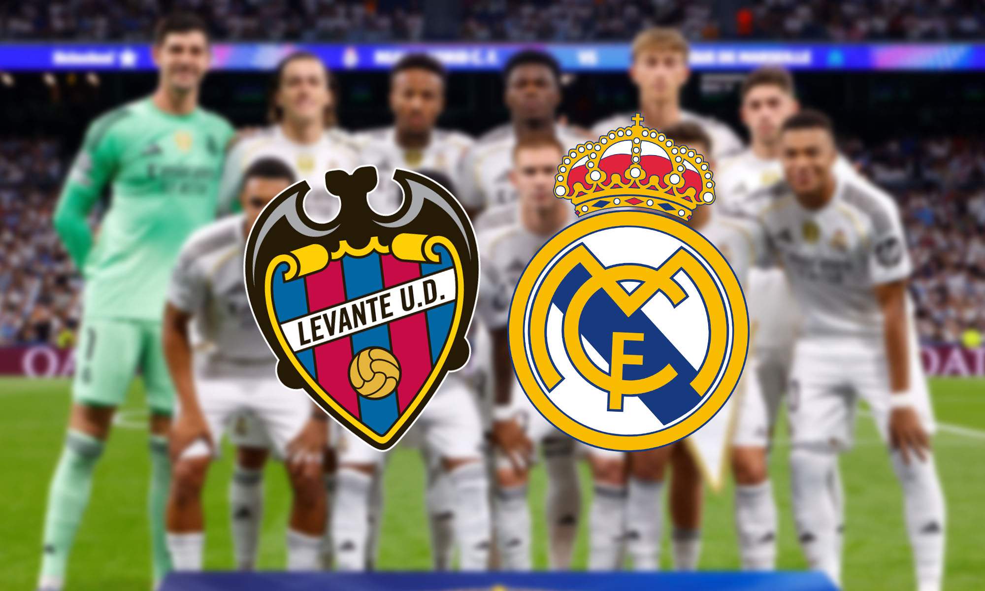 Escudo Real Madrid y Levante con once merengue detras