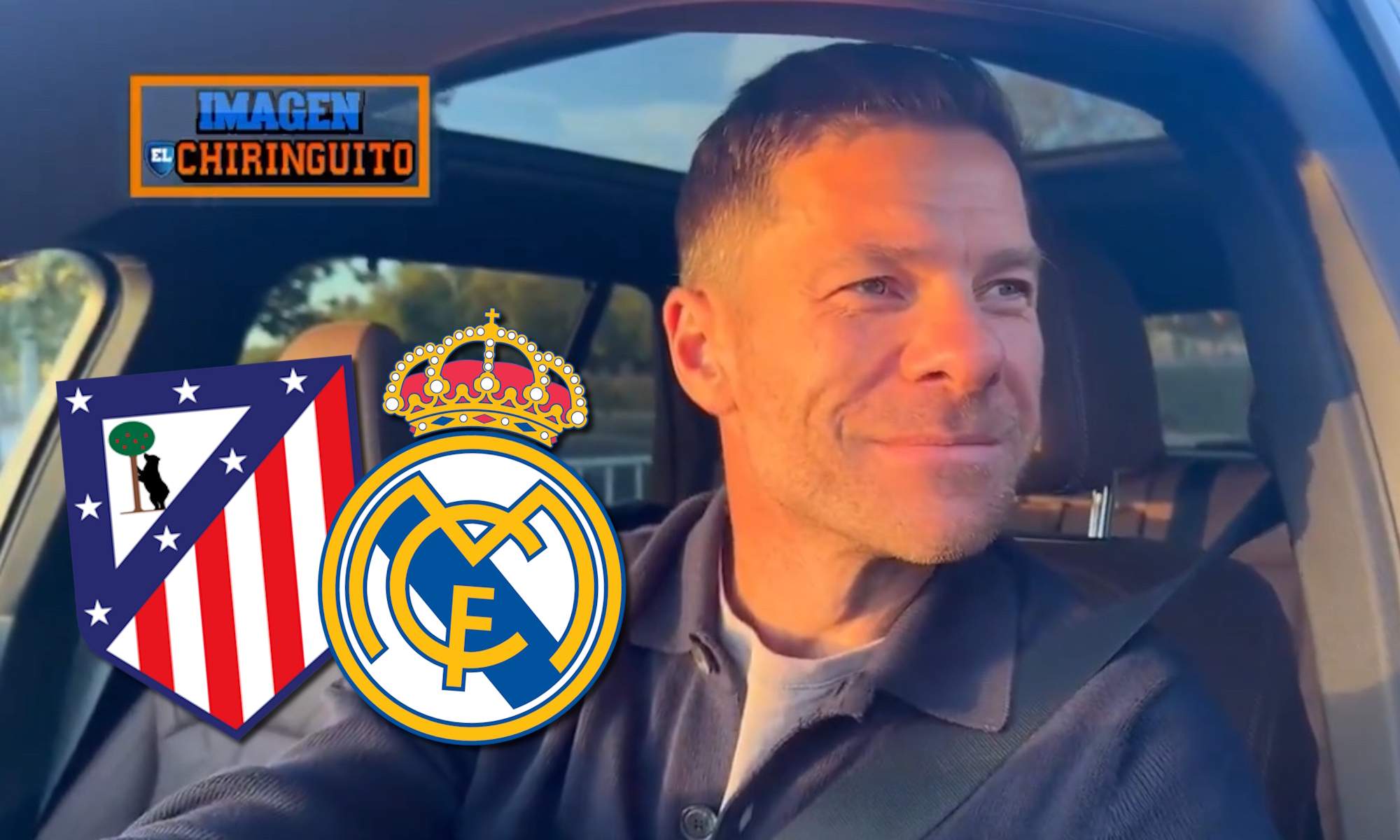 Xabi siendo preguntado y escudos del ATM y el RM