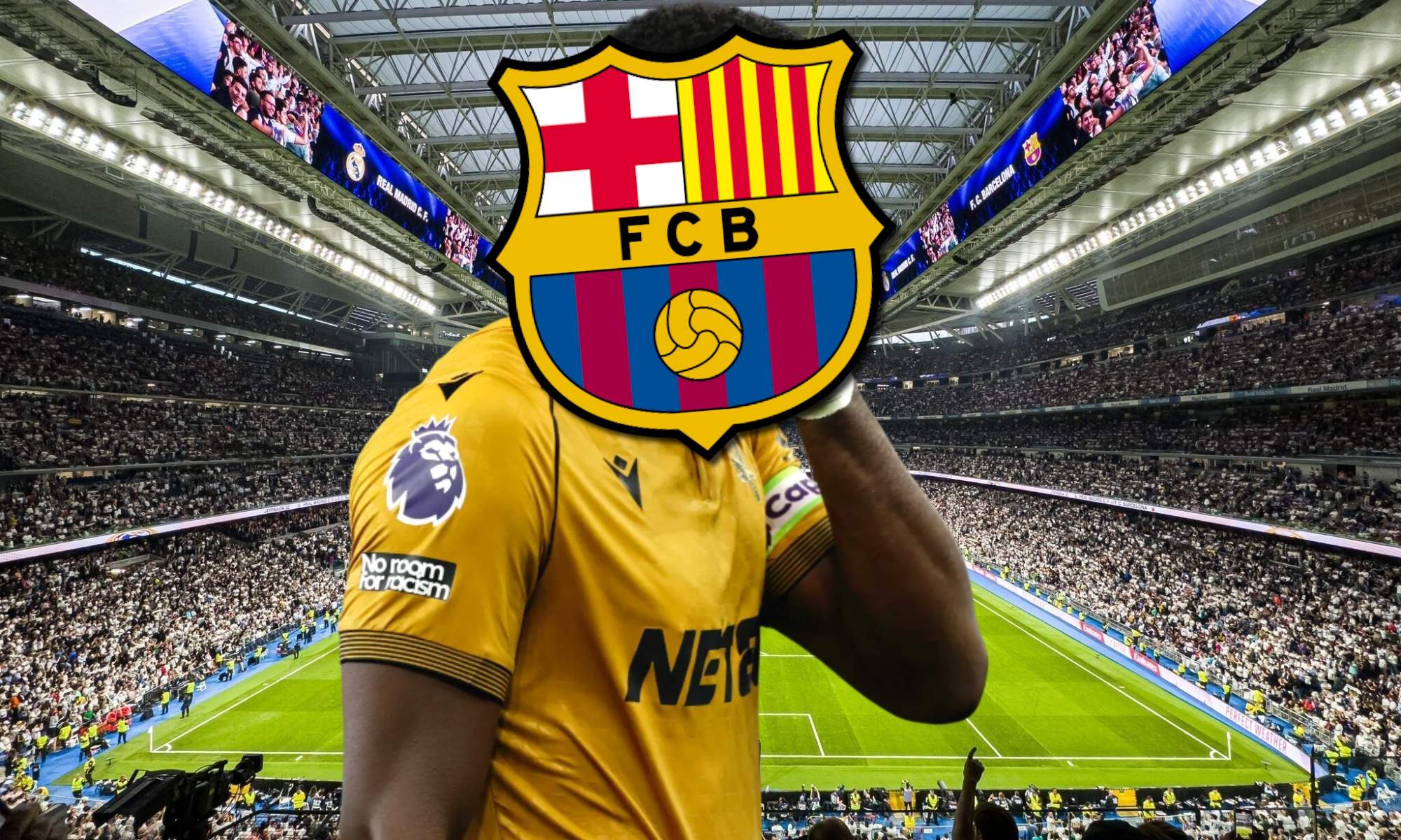 Jugador tapado por escudo Barça con fondo Bernabéu