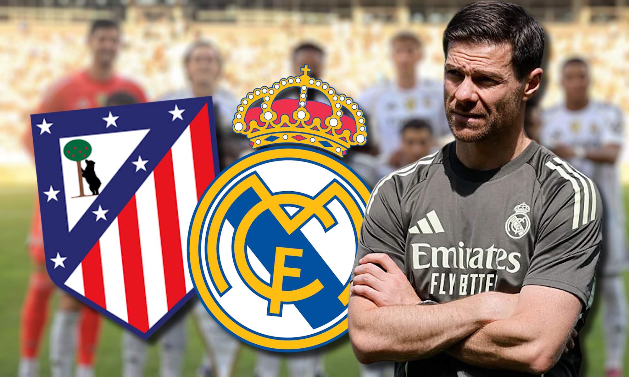 Xabi Alonso serio, con los escudos del ATM y RM y once de fondo del RM