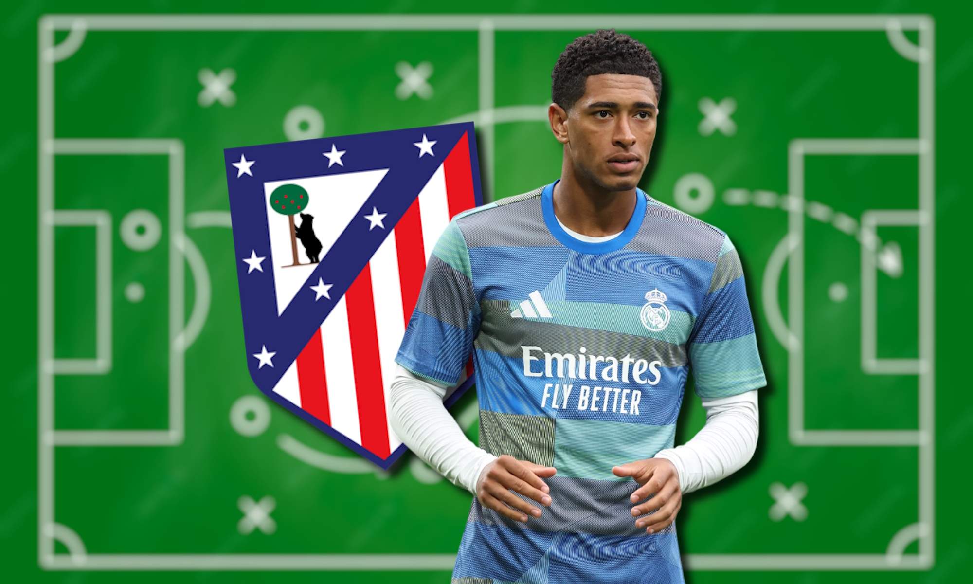 Jude Bellingham con escudo del Atlético de Madrid y campo de fútbol de fondo