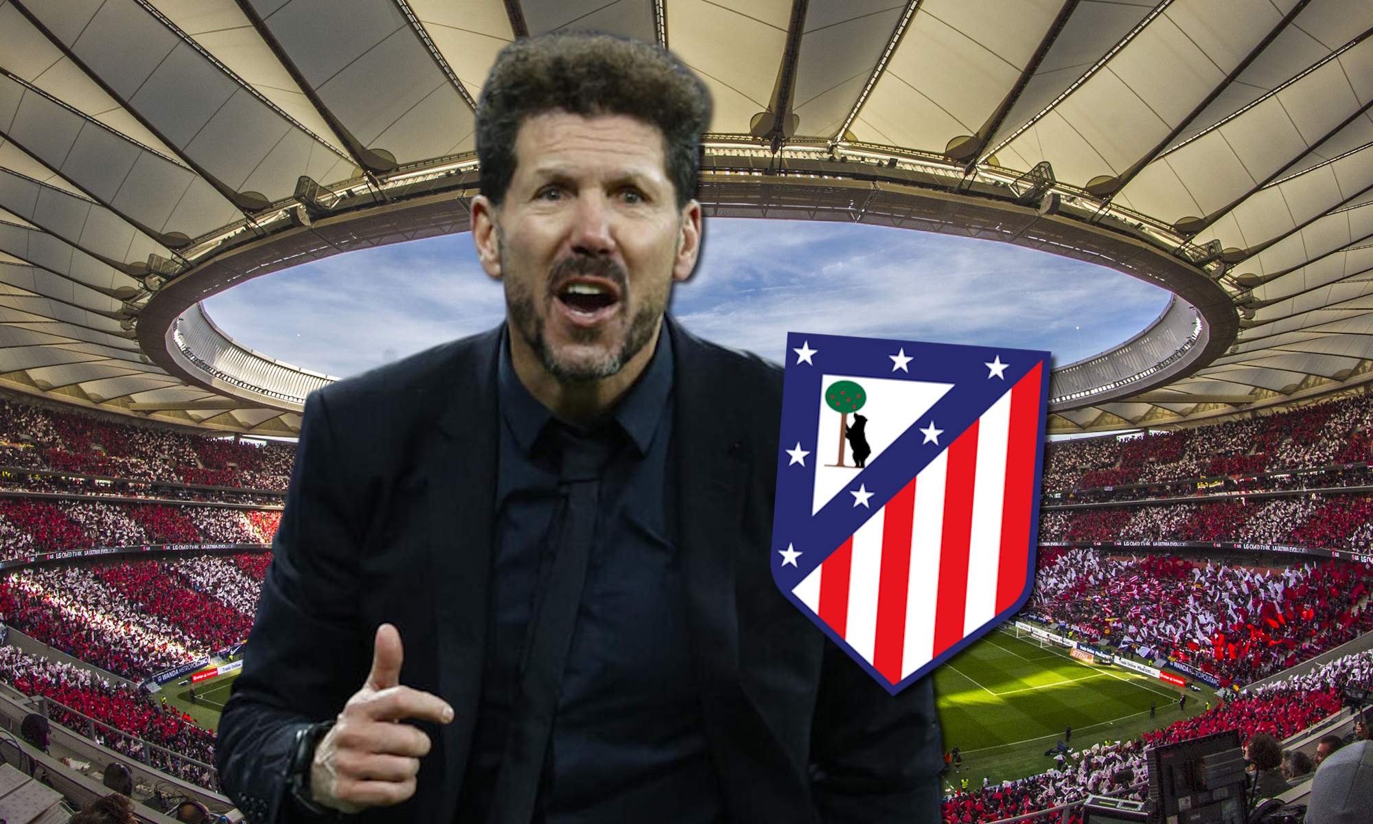 Cholo Simeone, escudo ATM y Metropolitano de fondo